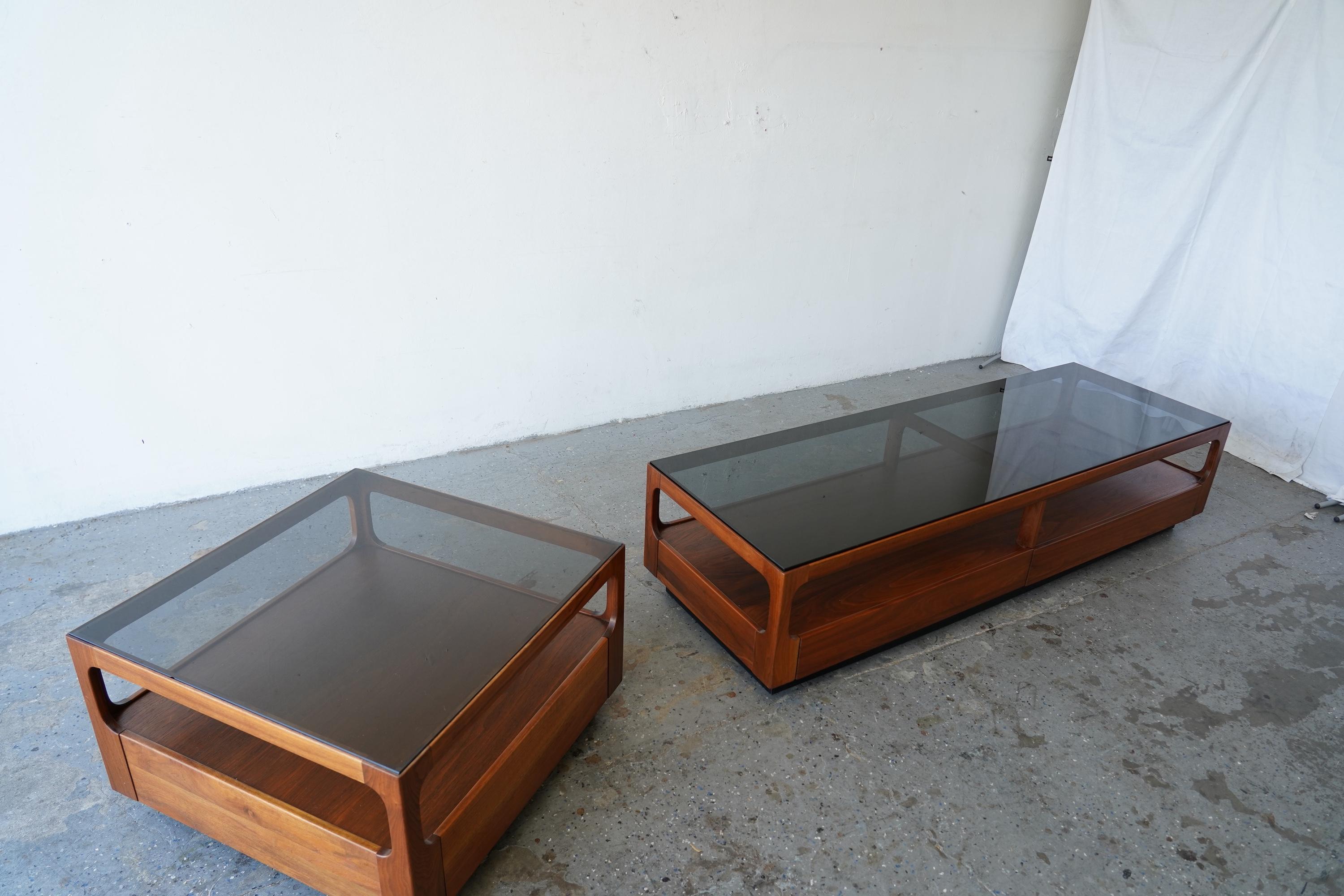 6ft John Keal Brown Saltman Mid-Century Modern Coffee Table w Smoked Glass Top For Sale 13