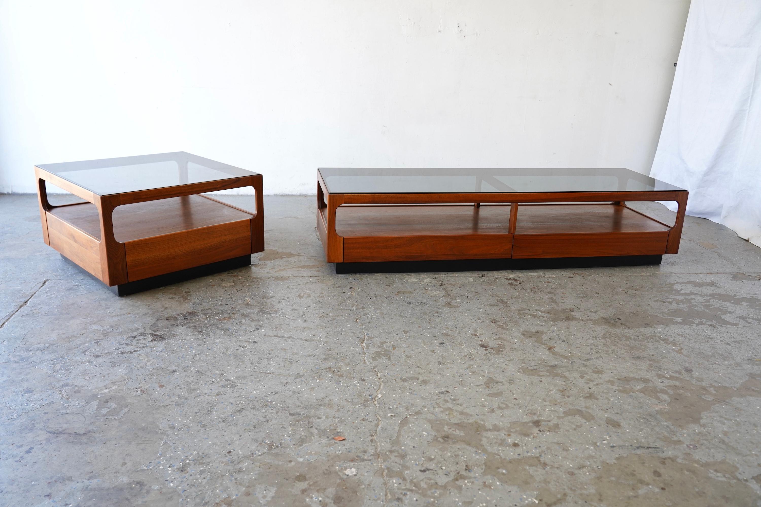 6ft John Keal Brown Saltman Mid-Century Modern Coffee Table w Smoked Glass Top For Sale 14