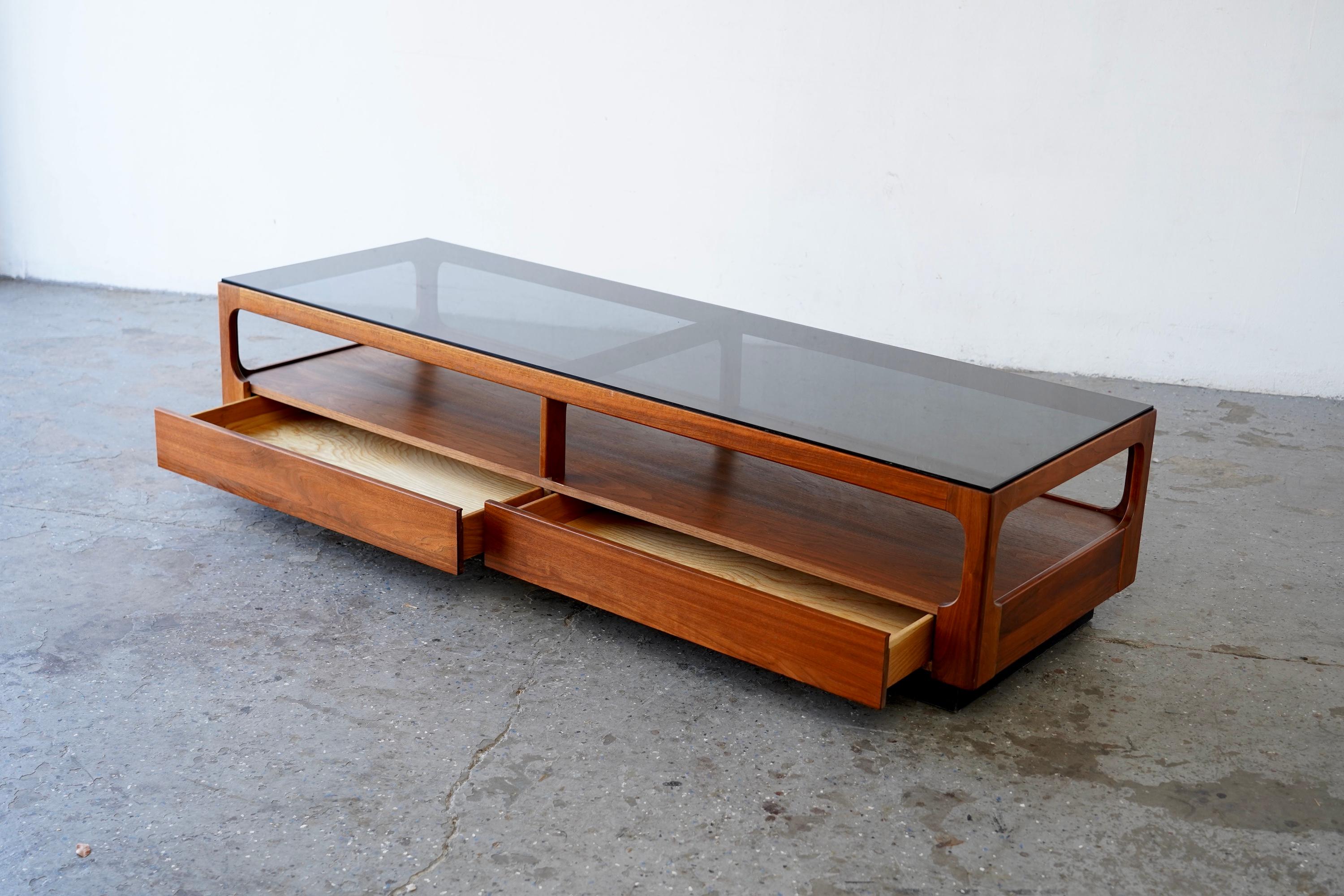 American 6ft John Keal Brown Saltman Mid-Century Modern Coffee Table w Smoked Glass Top For Sale
