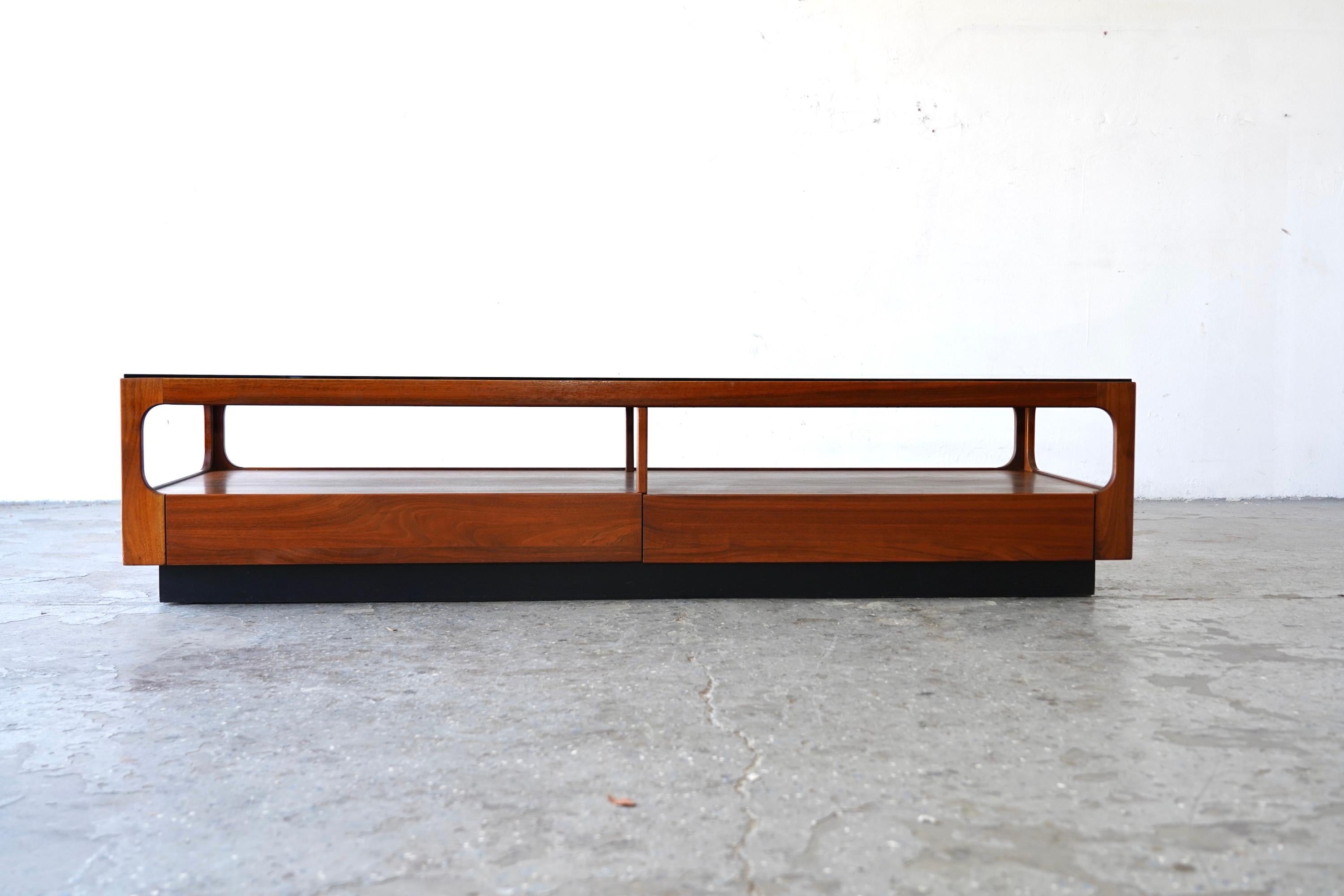 Mid-20th Century 6ft John Keal Brown Saltman Mid-Century Modern Coffee Table w Smoked Glass Top For Sale