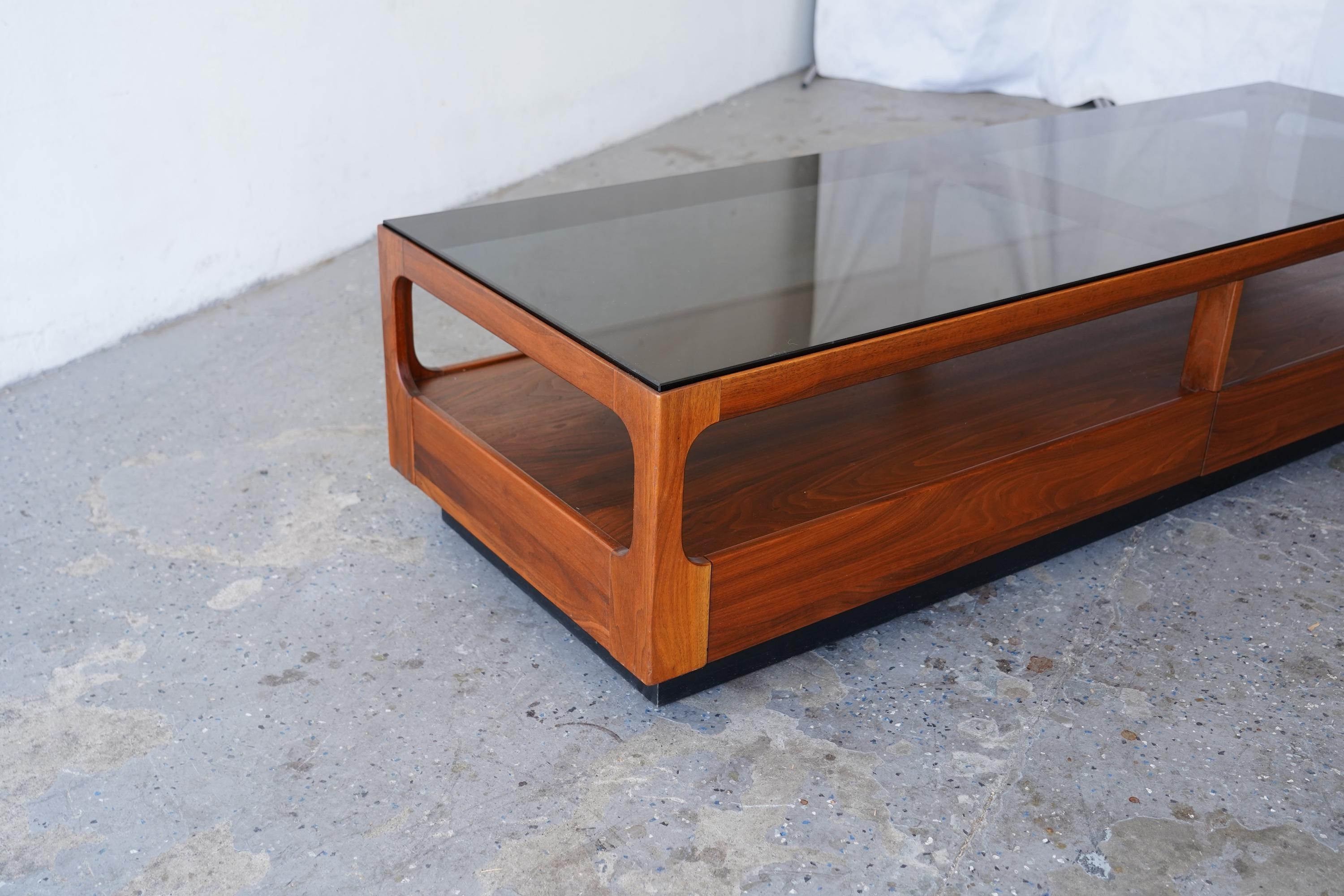 6ft John Keal Brown Saltman Mid-Century Modern Coffee Table w Smoked Glass Top For Sale 1