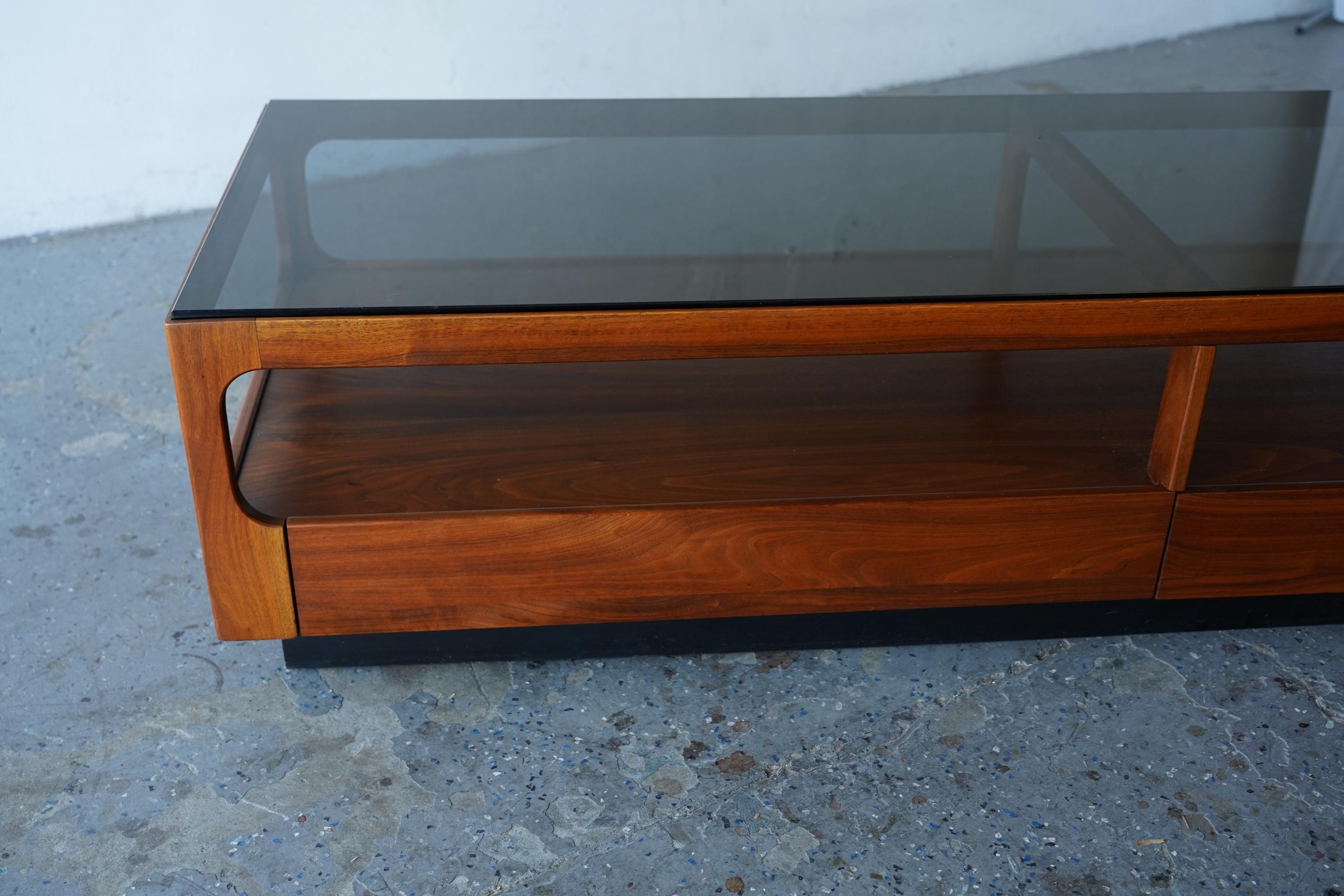 6ft John Keal Brown Saltman Mid-Century Modern Coffee Table w Smoked Glass Top For Sale 2