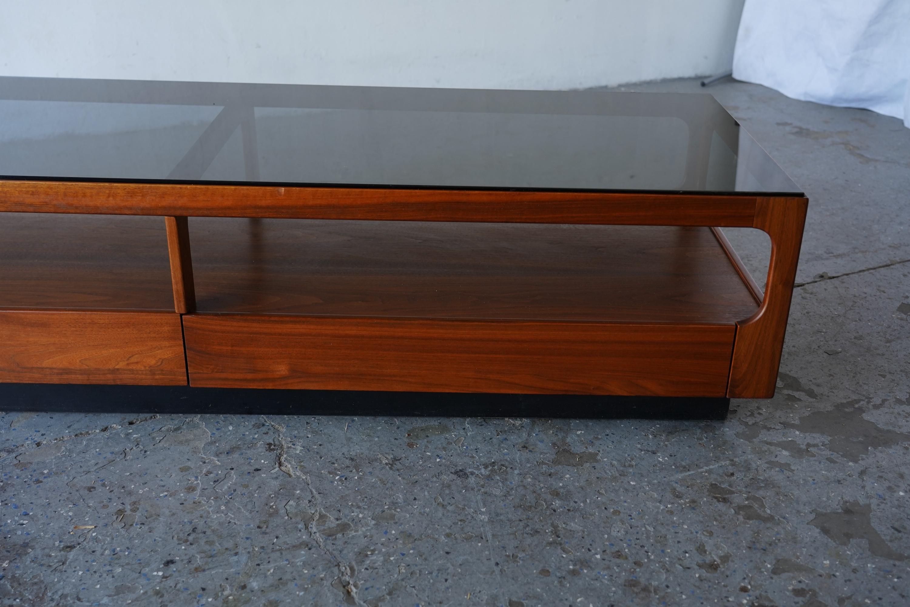 6ft John Keal Brown Saltman Mid-Century Modern Coffee Table w Smoked Glass Top For Sale 3