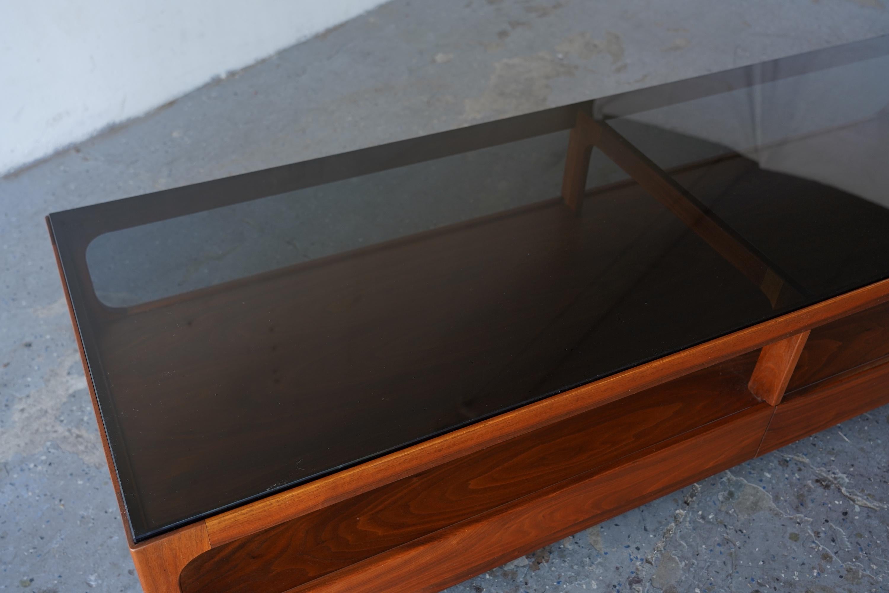 6ft John Keal Brown Saltman Mid-Century Modern Coffee Table w Smoked Glass Top For Sale 4