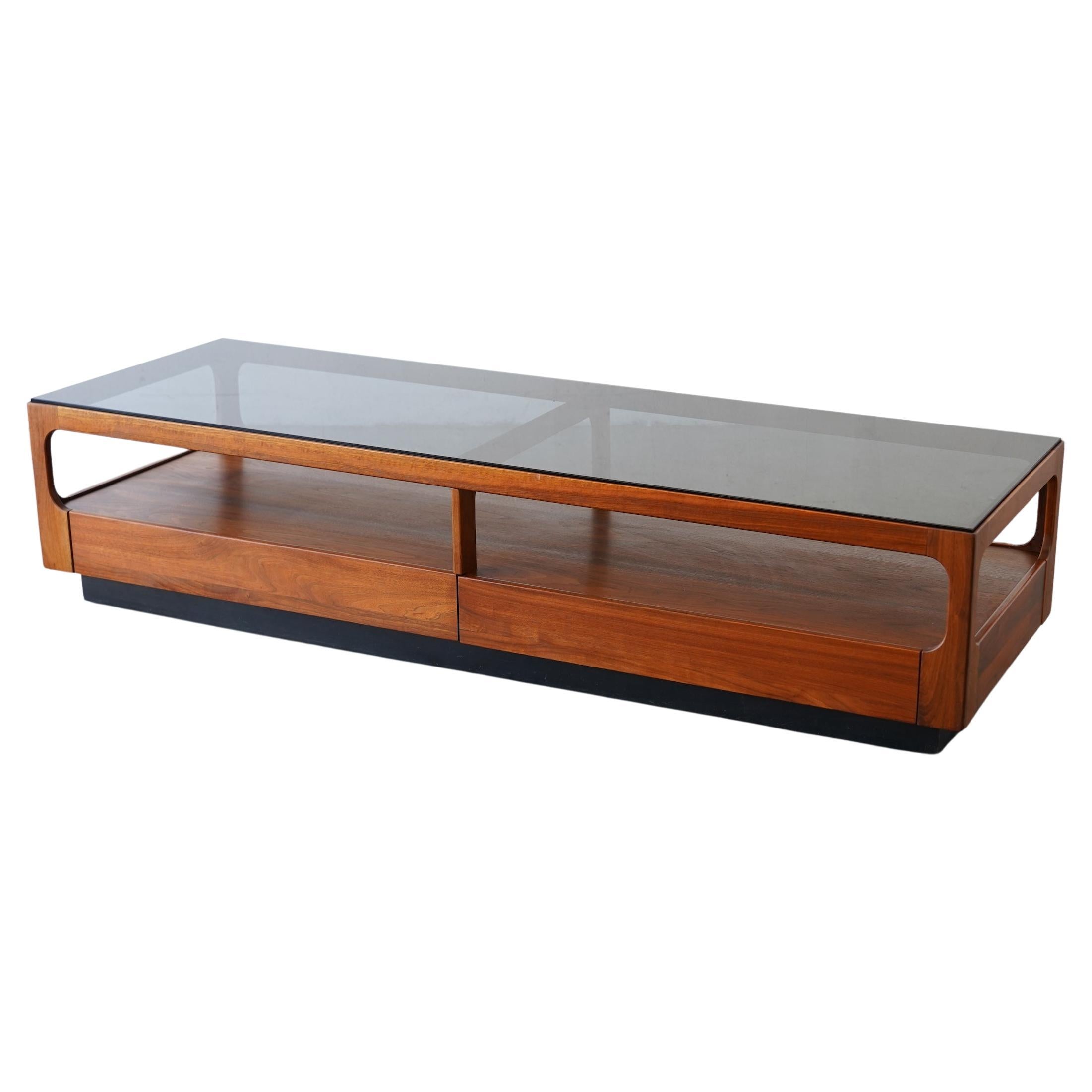 6ft John Keal Brown Saltman Mid-Century Modern Coffee Table w Smoked Glass Top For Sale
