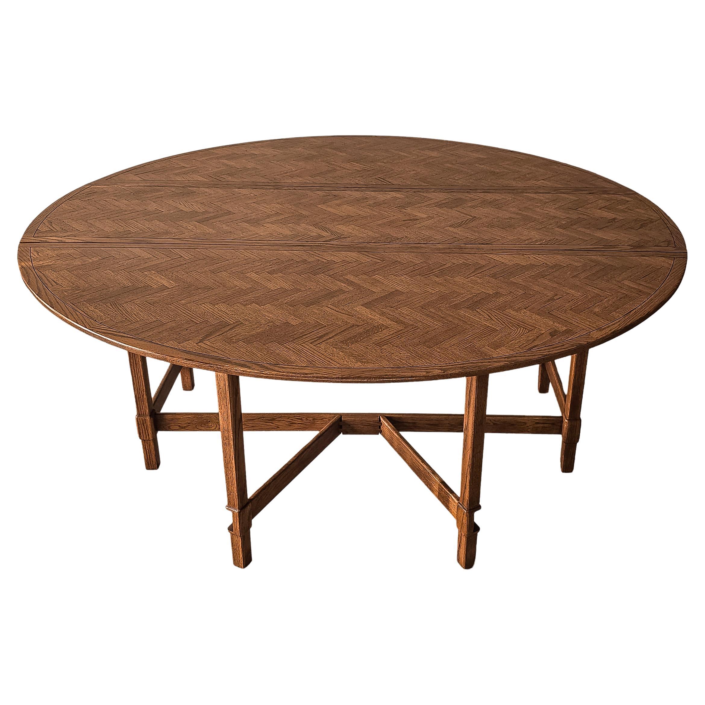 6ft Round Parquet Oak Drop Leaf Dining Table For Sale