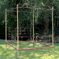 6ft Wide Cast Iron Four Poster Antique Bed in Gold with Serpentine Canopy, M4P56