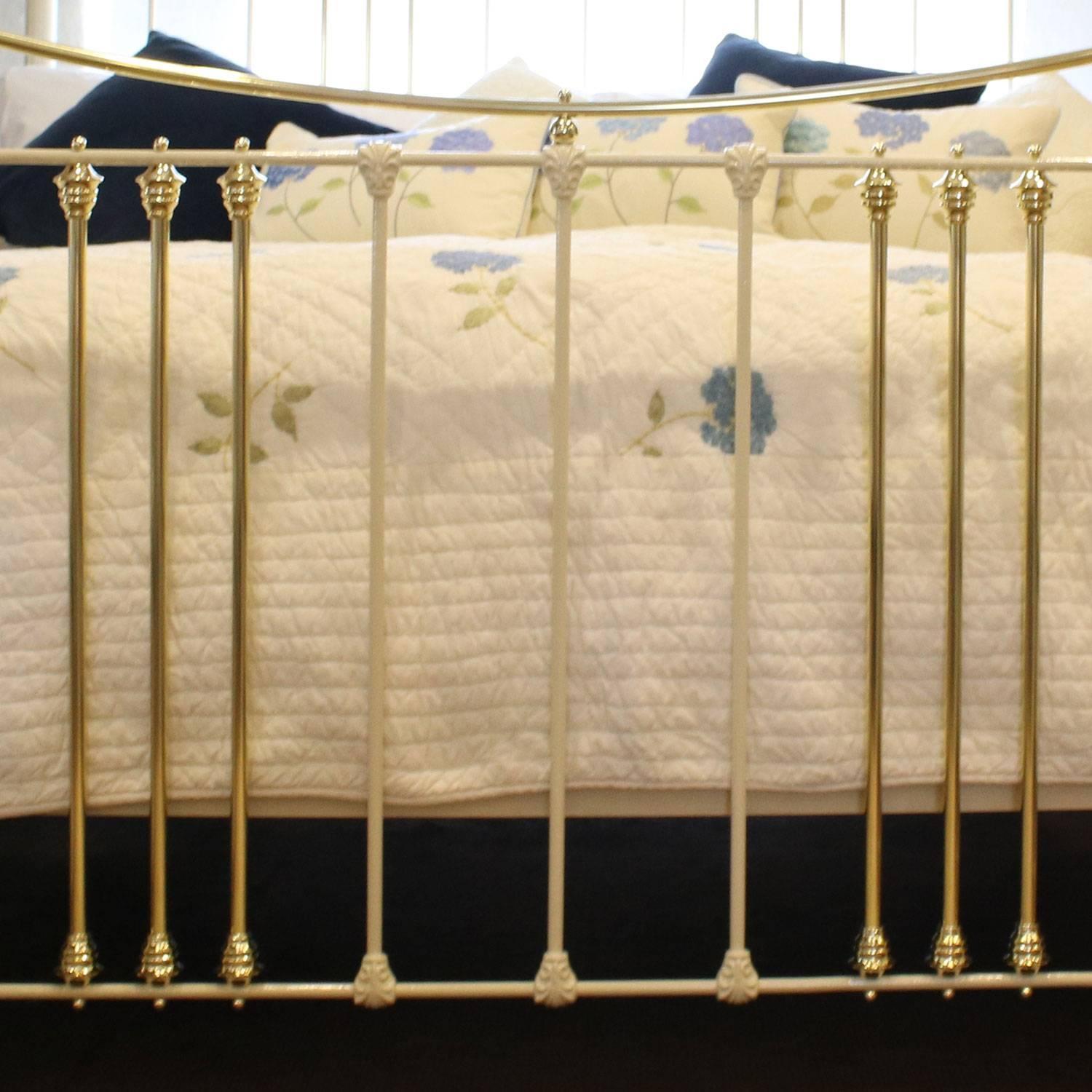 A brass and iron bed with a curved top rail and ornate castings, finished in soft cream,
This bed accepts a British Super king-size or Californian King (6ft, 72 inches or 180cm wide) base and mattress set.
The price is for the bed frame alone. The