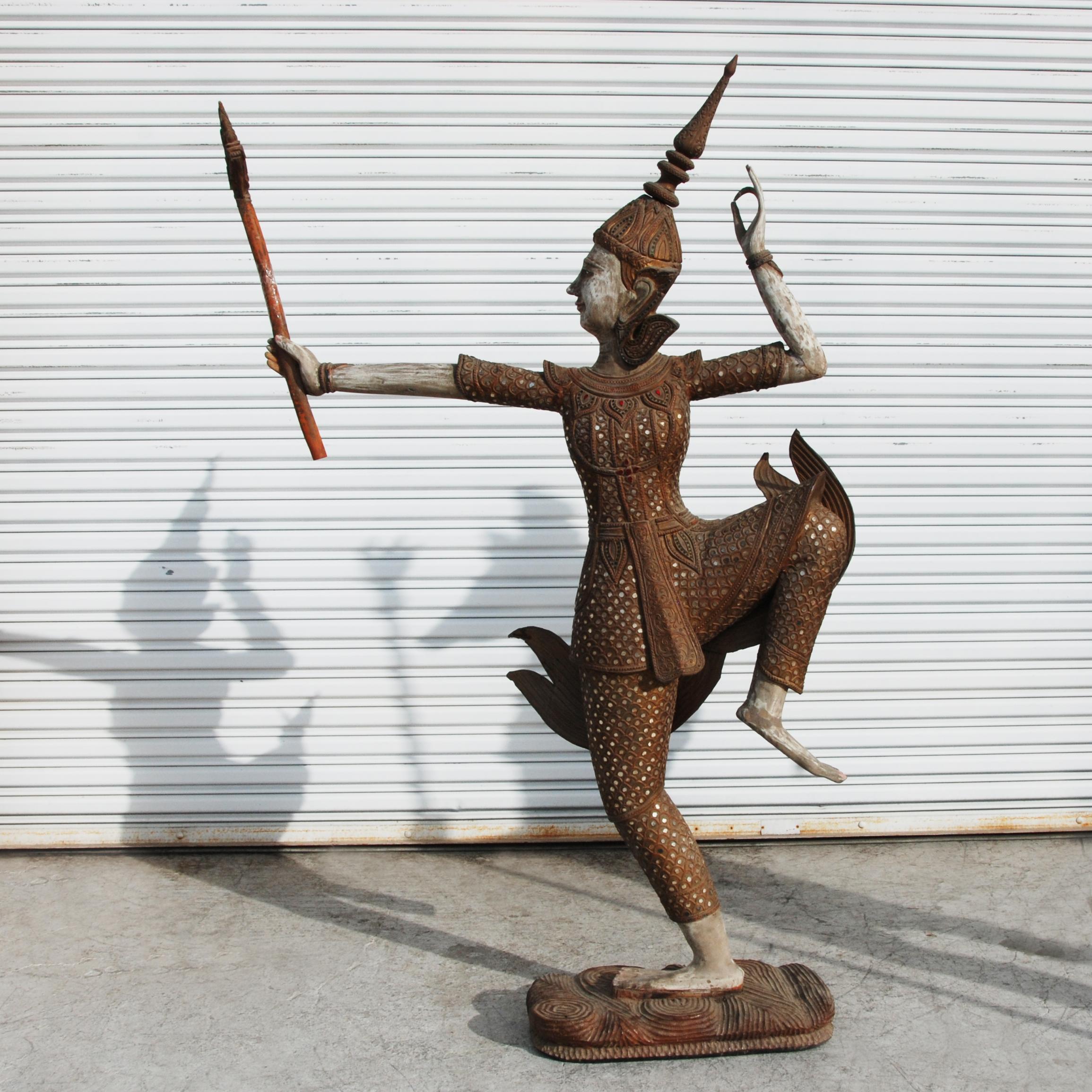 Hand-Carved Wood Thai Dancer Statue For Sale