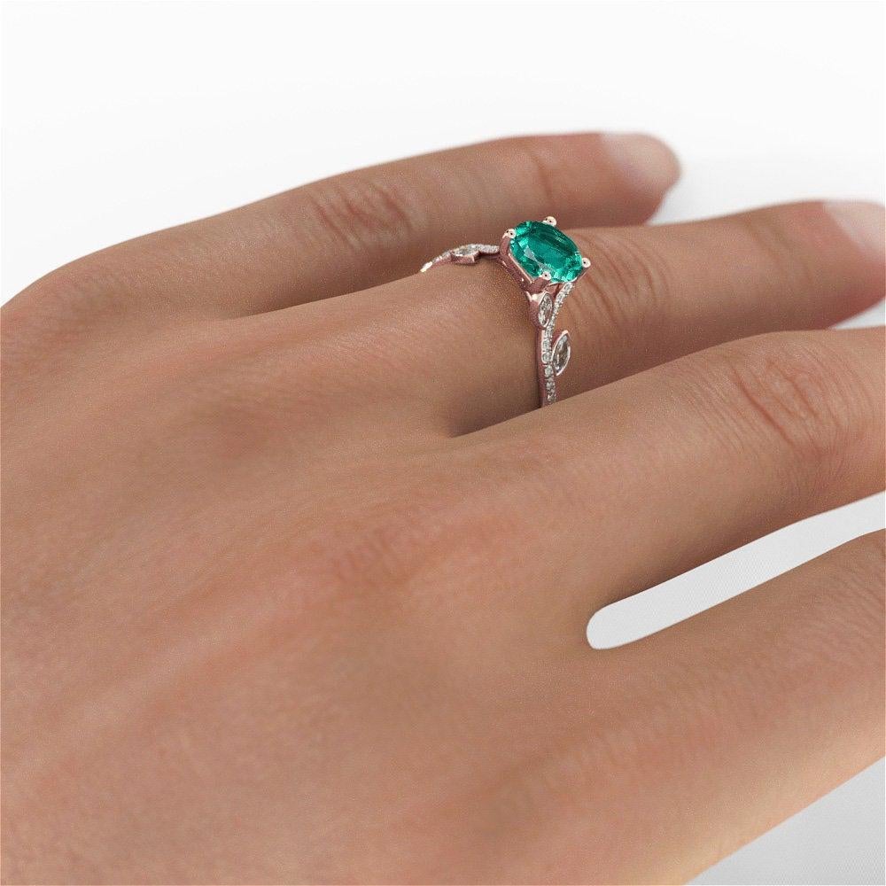 Art Deco 14 Karat Rose Gold Round Emerald Flower Style Engagement Ring