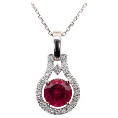 6mm, 1ct Rubellite Tourmaline Pendant w Natural Diamond Halo in Solid 14K Gold