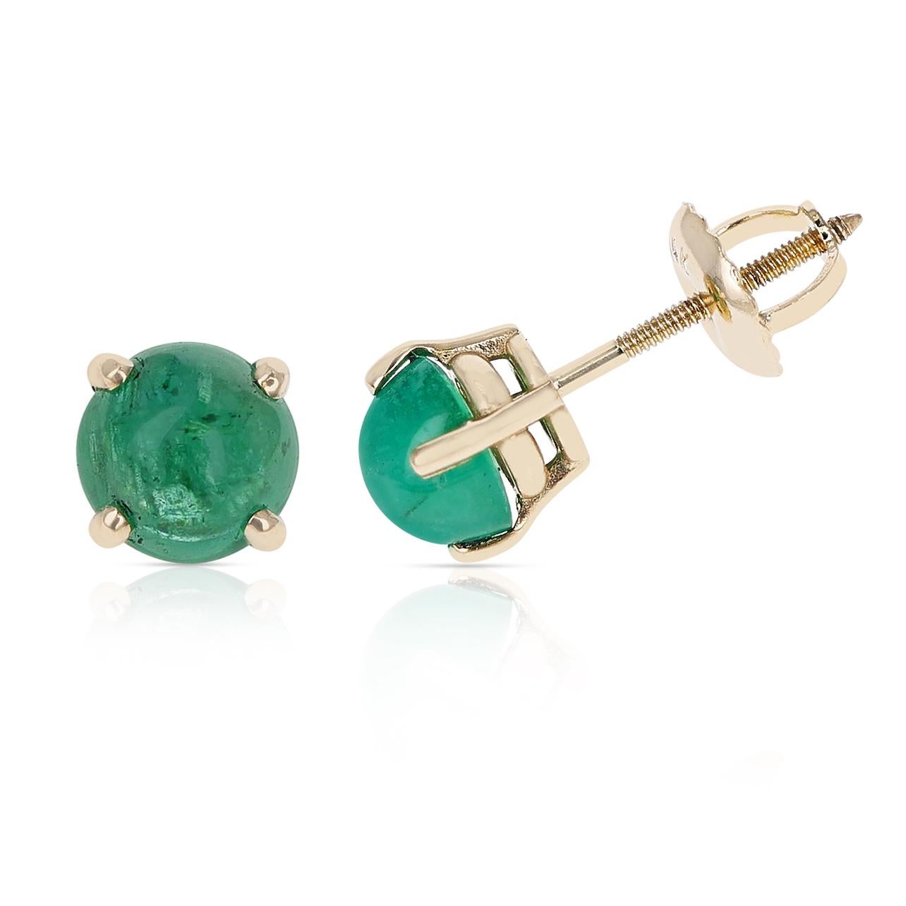 Round Cut Emerald Round Cabochon Stud Earrings Made in 14 Karat Yellow Gold