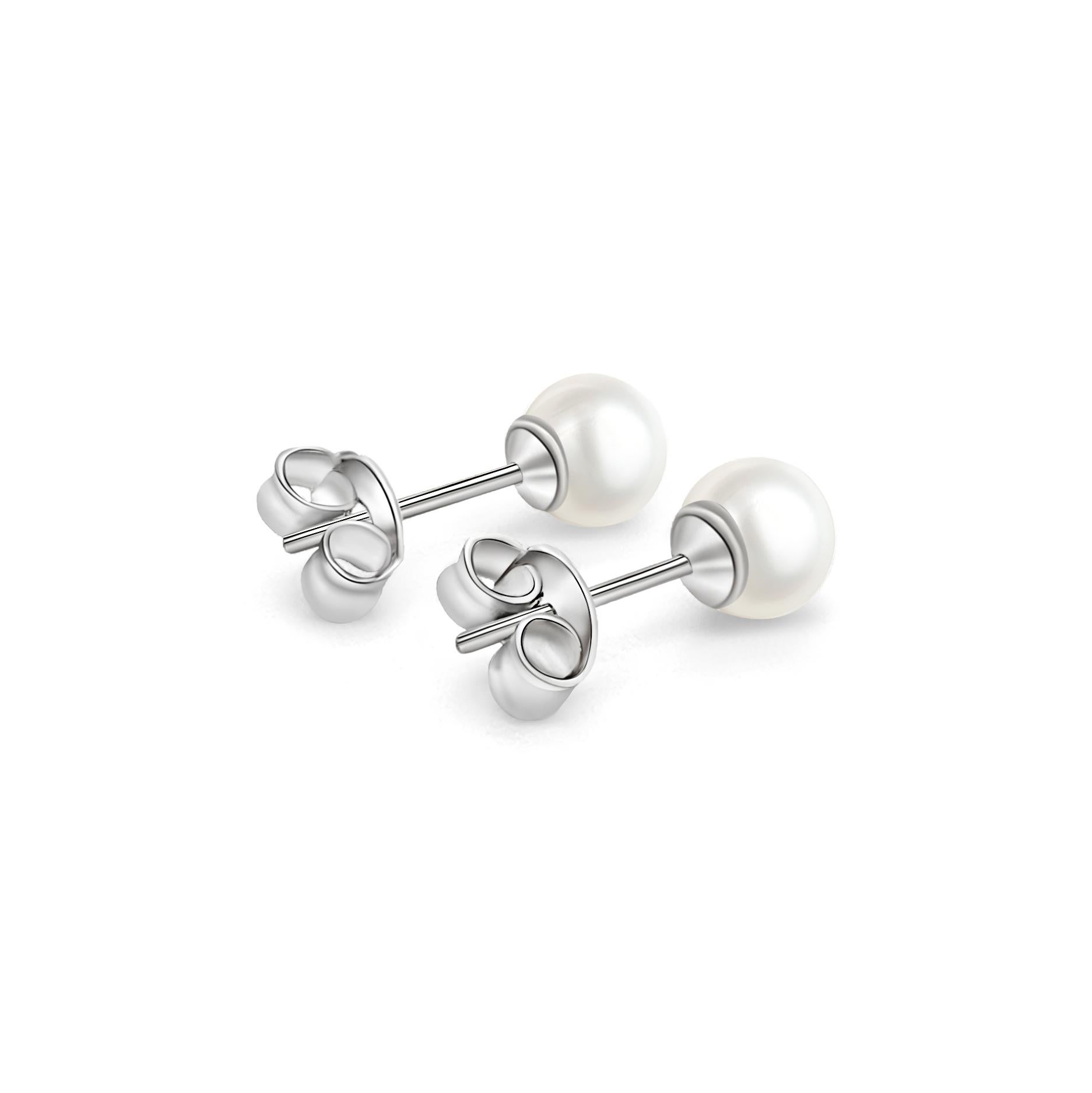 Simple and elegant real pearl stud earrings set in 14k white gold plated 925 sterling silver for long-lasting and durable use. Push-back closure with 2 tightness levels for extra versatility and comfort. Additional pair of silicone backs