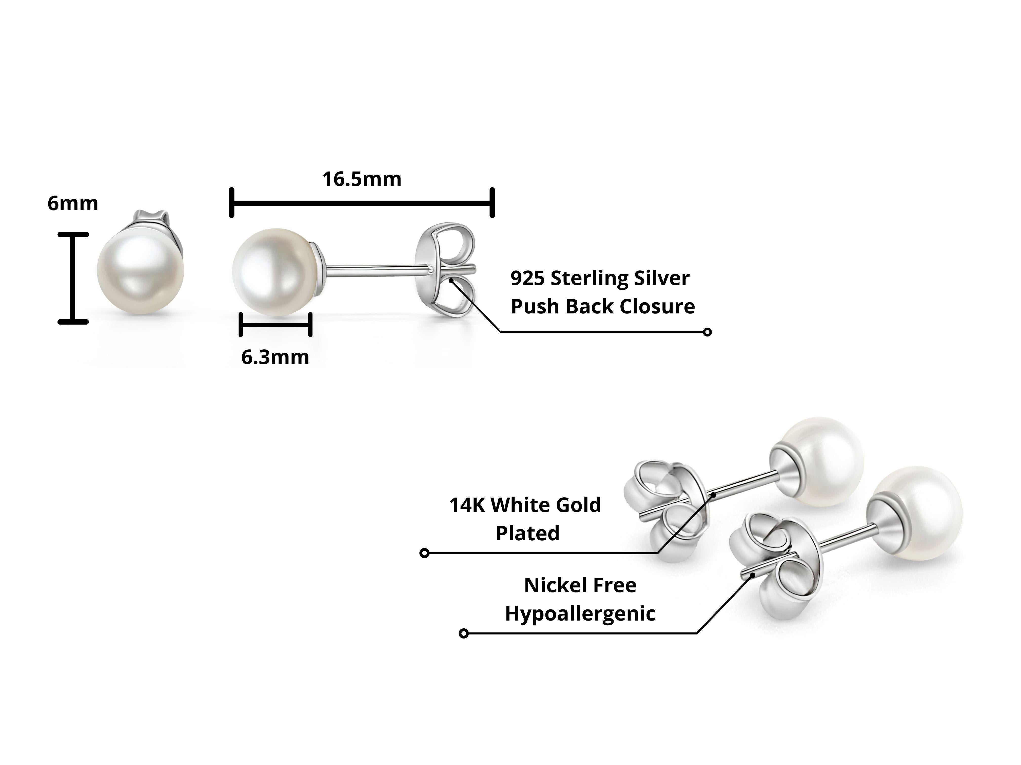 Women's 6mm Japanese Freshwater White Pearl Stud Earrings in 925 Sterling Silver For Sale