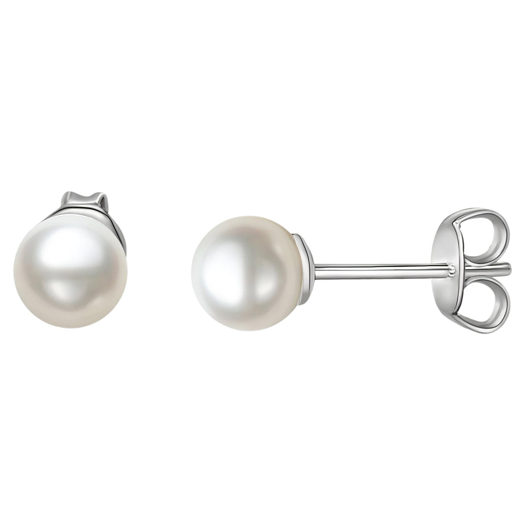 6mm Japanese Freshwater White Pearl Stud Earrings in 925 Sterling Silver For Sale