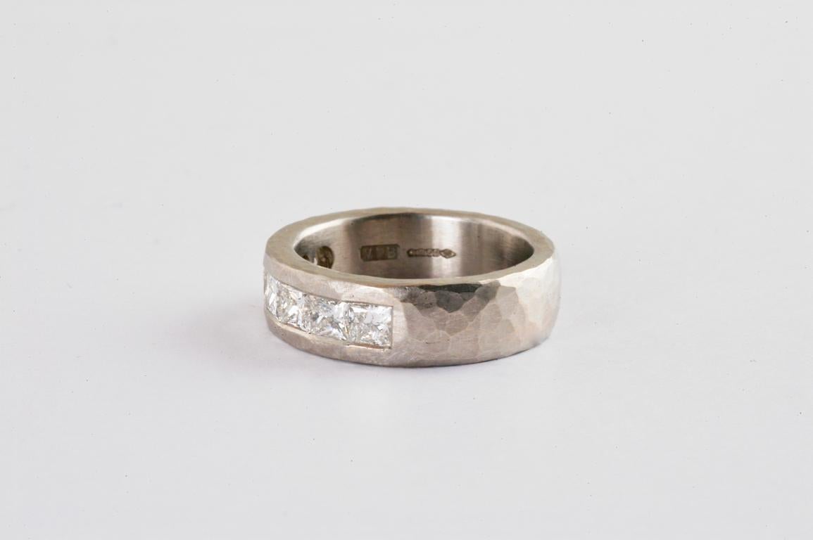 6mm platinum ring with princess cut diamonds 1.10cts approx total diamond weight , hand made in Notting Hill, London by British jeweller Malcolm Betts. Would make a beautiful wedding ring or eternity ring. Wonderfully heavy in weight and the