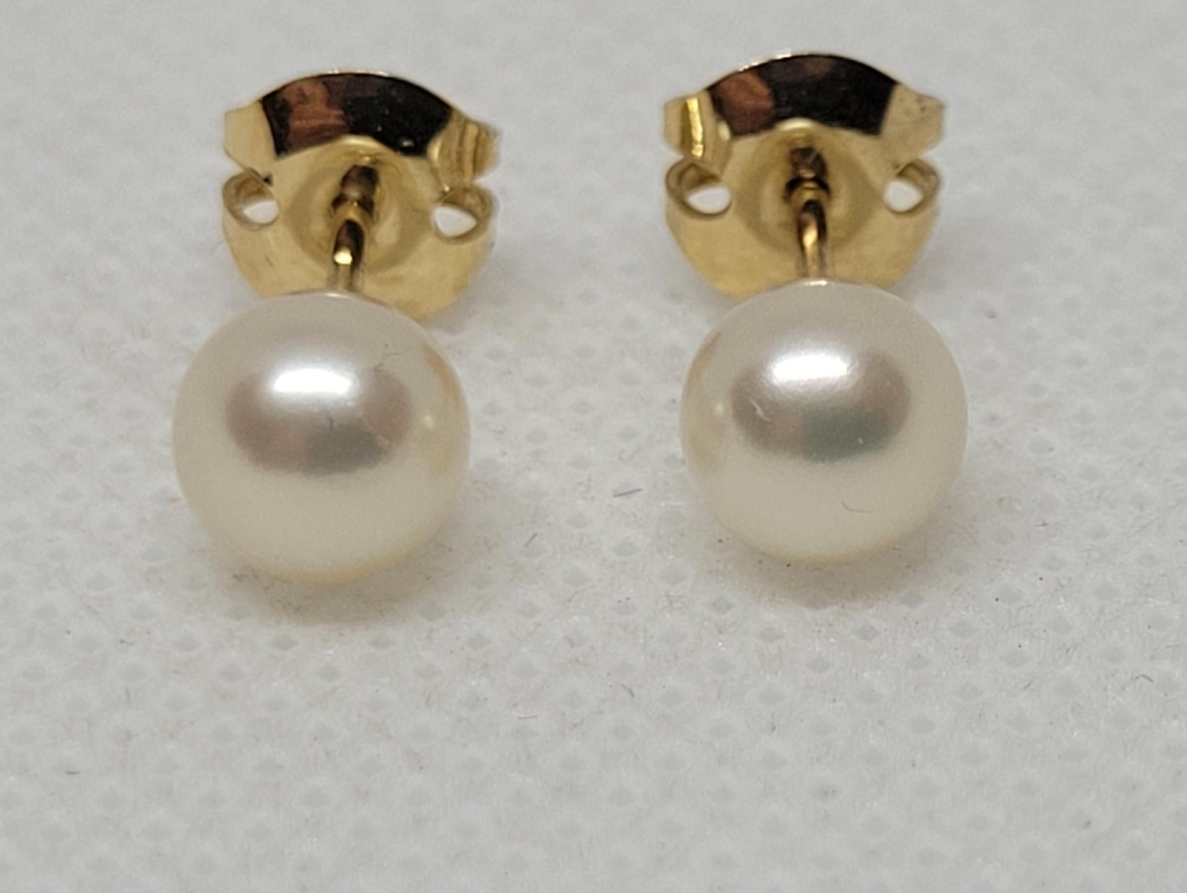 6mm Round White Cultured Akoya Pearl Studs, Mikimoto, 14kt Yellow Friction Post In Good Condition In Rancho Santa Fe, CA