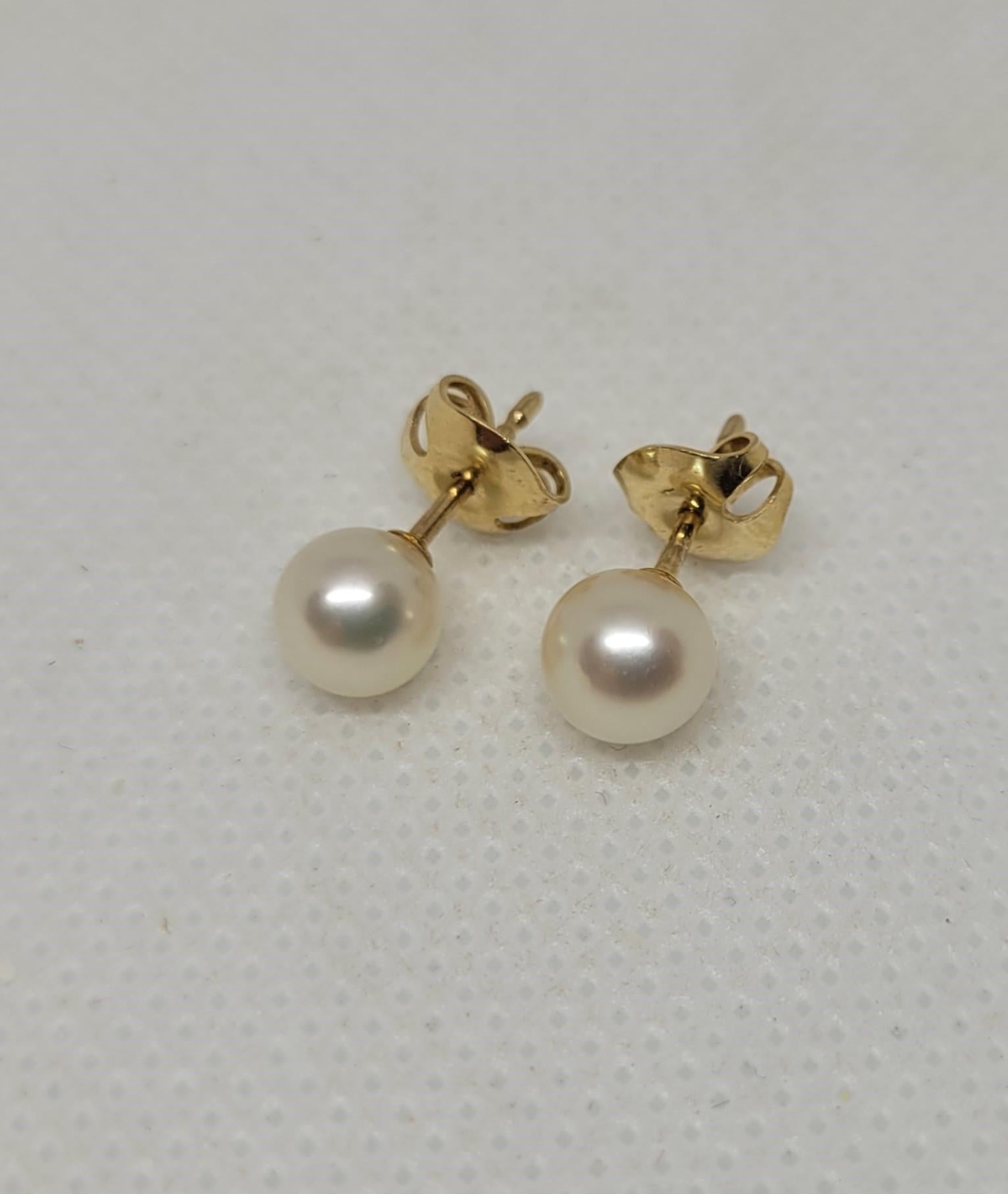 6mm Round White Cultured Akoya Pearl Studs, Mikimoto, 14kt Yellow Friction Post 1