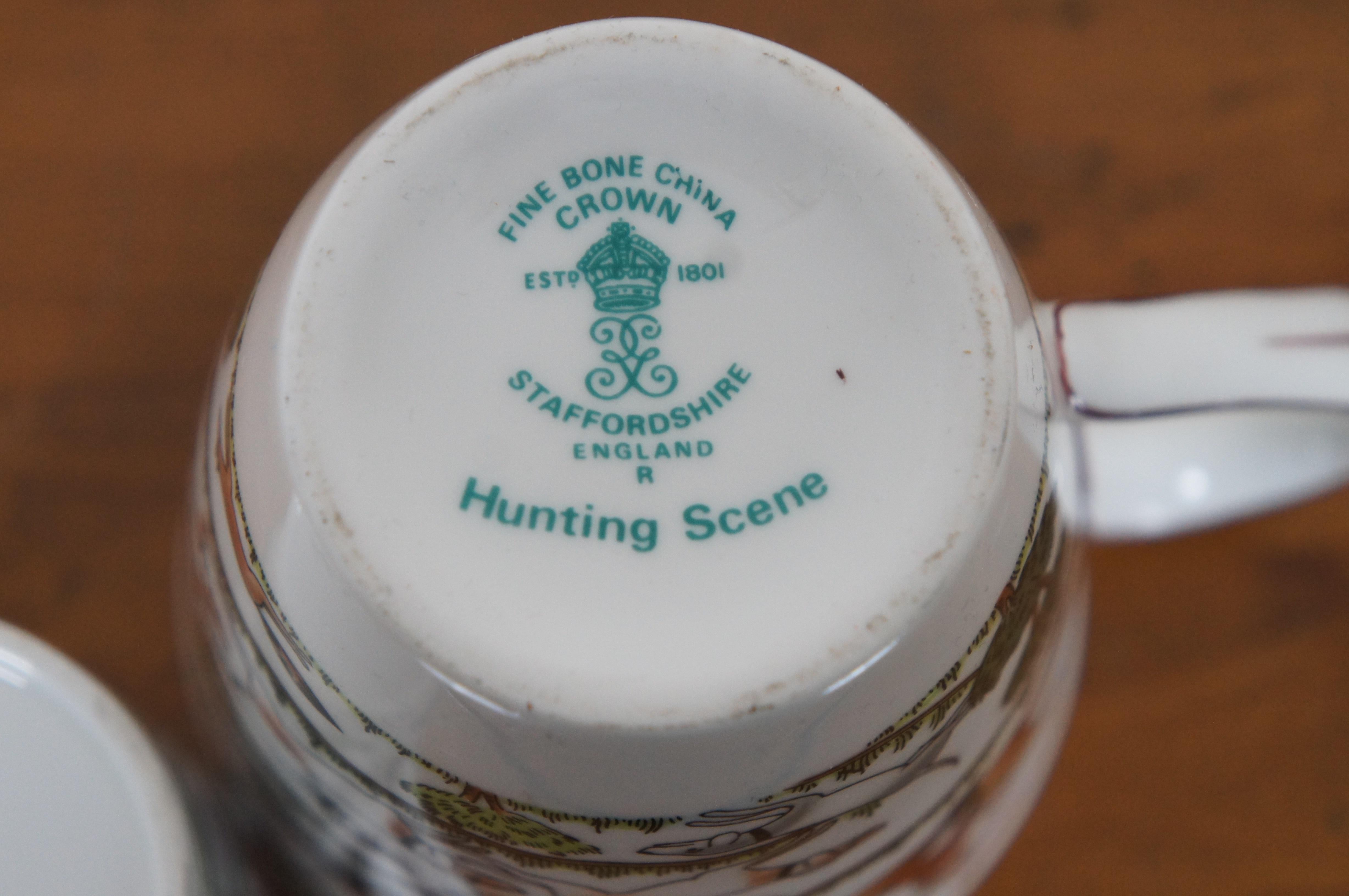 6pc Vtg English Crown Staffordshire Fox Hunting Tea Coffee Cups Mugs Saucers Box 5