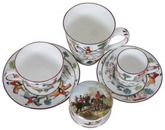 6pc Vtg English Crown Staffordshire Fox Hunting Tea Coffee Cups Mugs Saucers Box