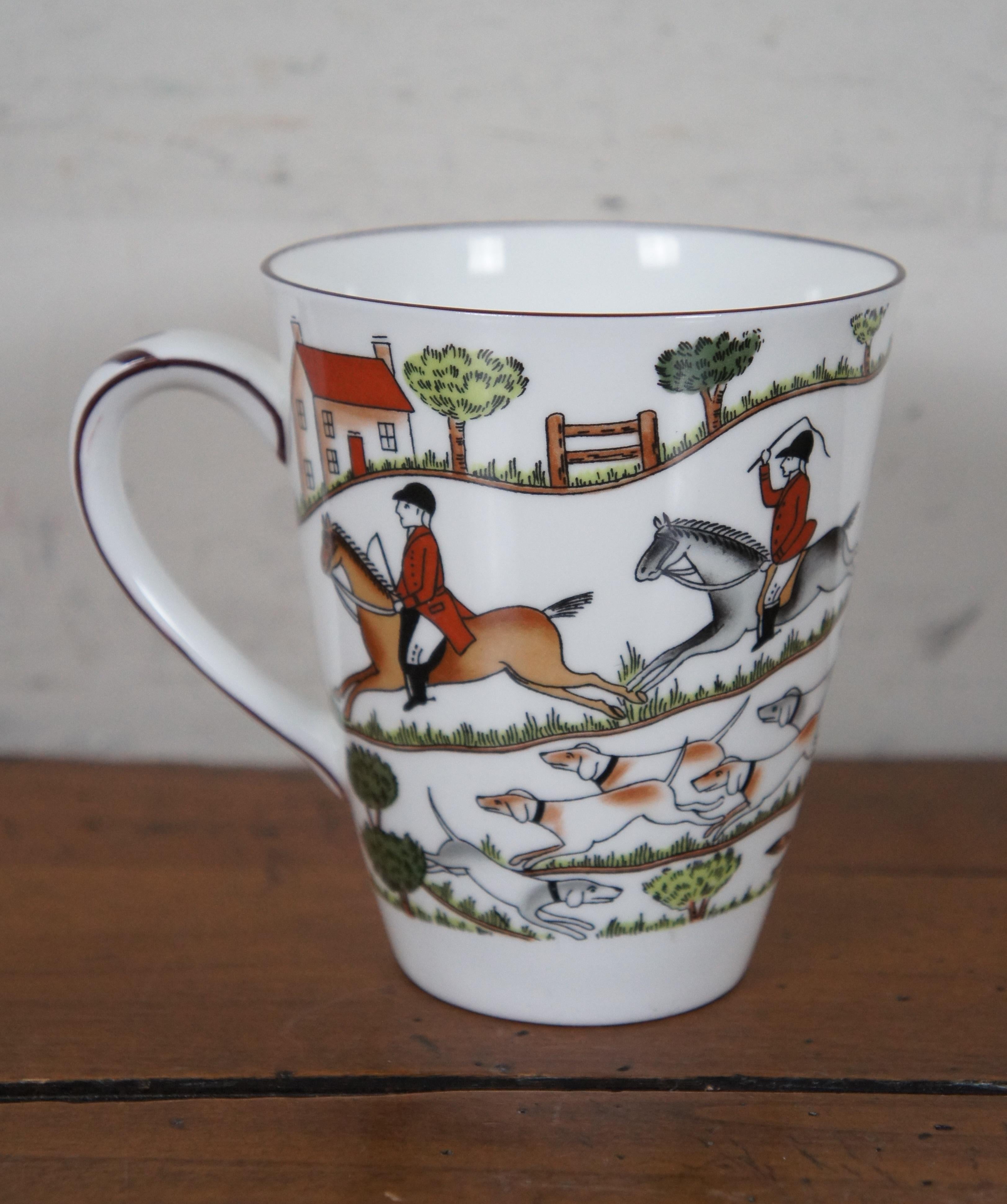 6pc Vtg English Crown Staffordshire Fox Hunting Tea Coffee Cups Mugs Saucers Box In Good Condition In Dayton, OH