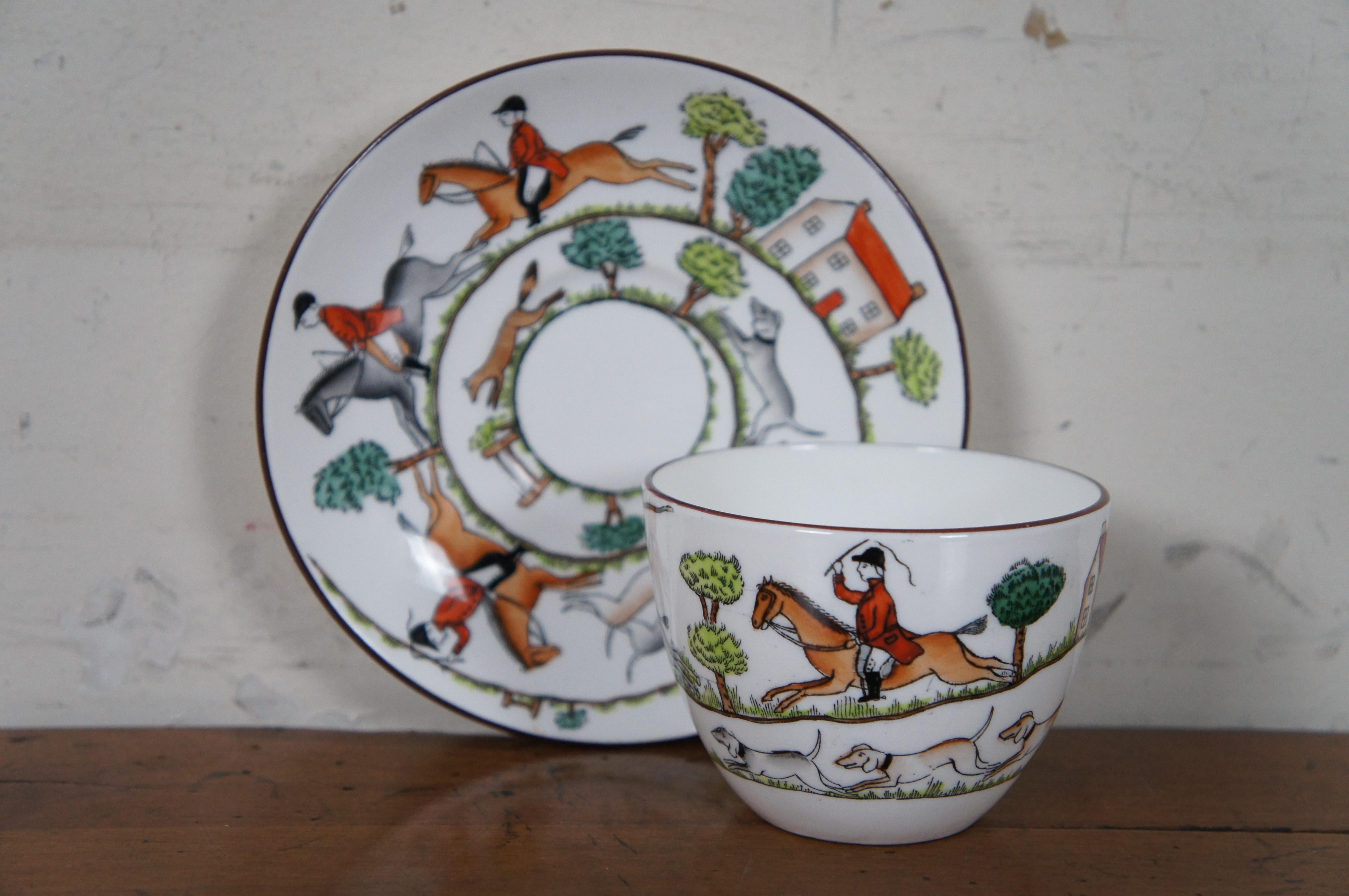 20th Century 6pc Vtg English Crown Staffordshire Fox Hunting Tea Coffee Cups Mugs Saucers Box