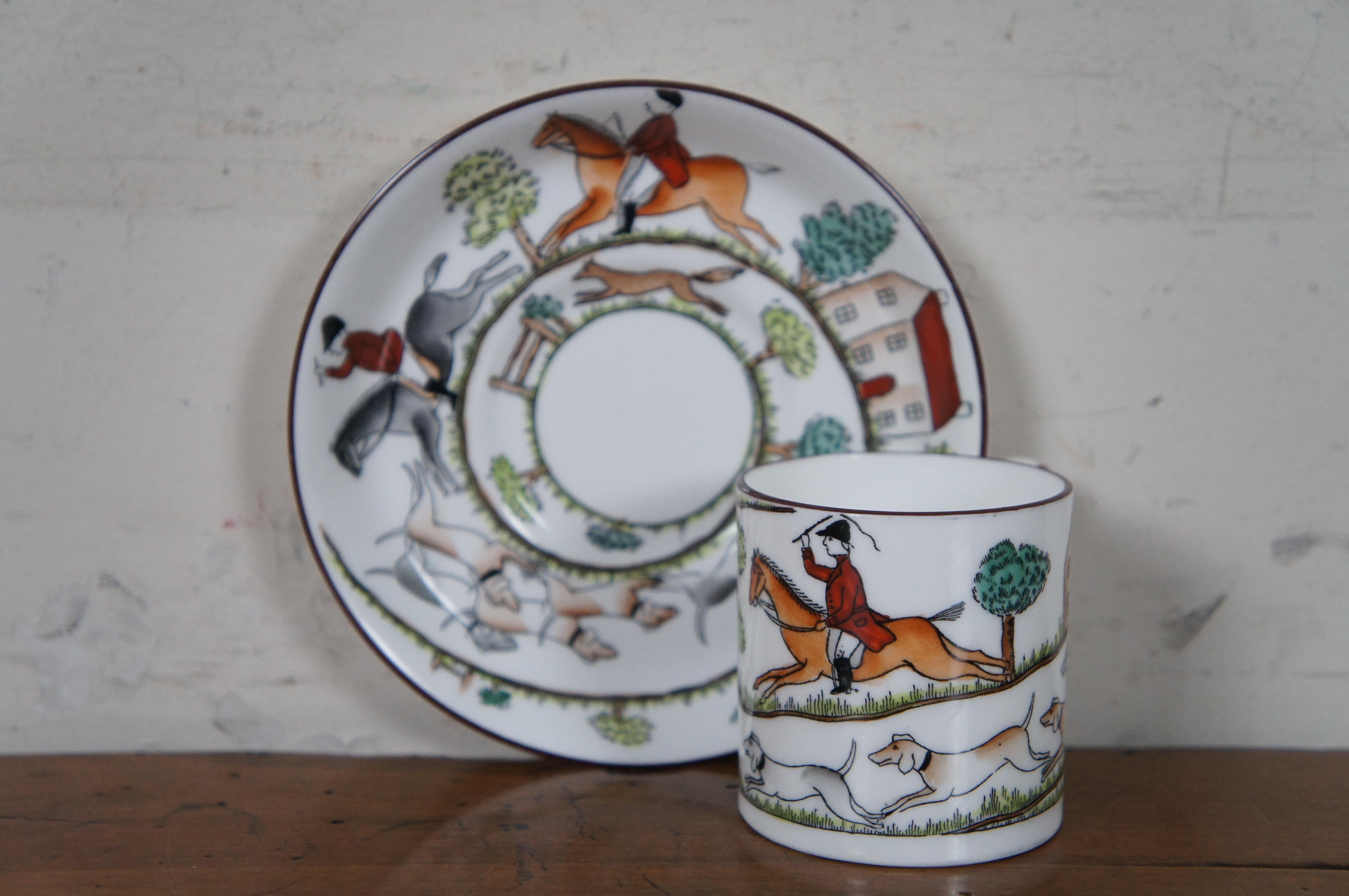 Porcelain 6pc Vtg English Crown Staffordshire Fox Hunting Tea Coffee Cups Mugs Saucers Box
