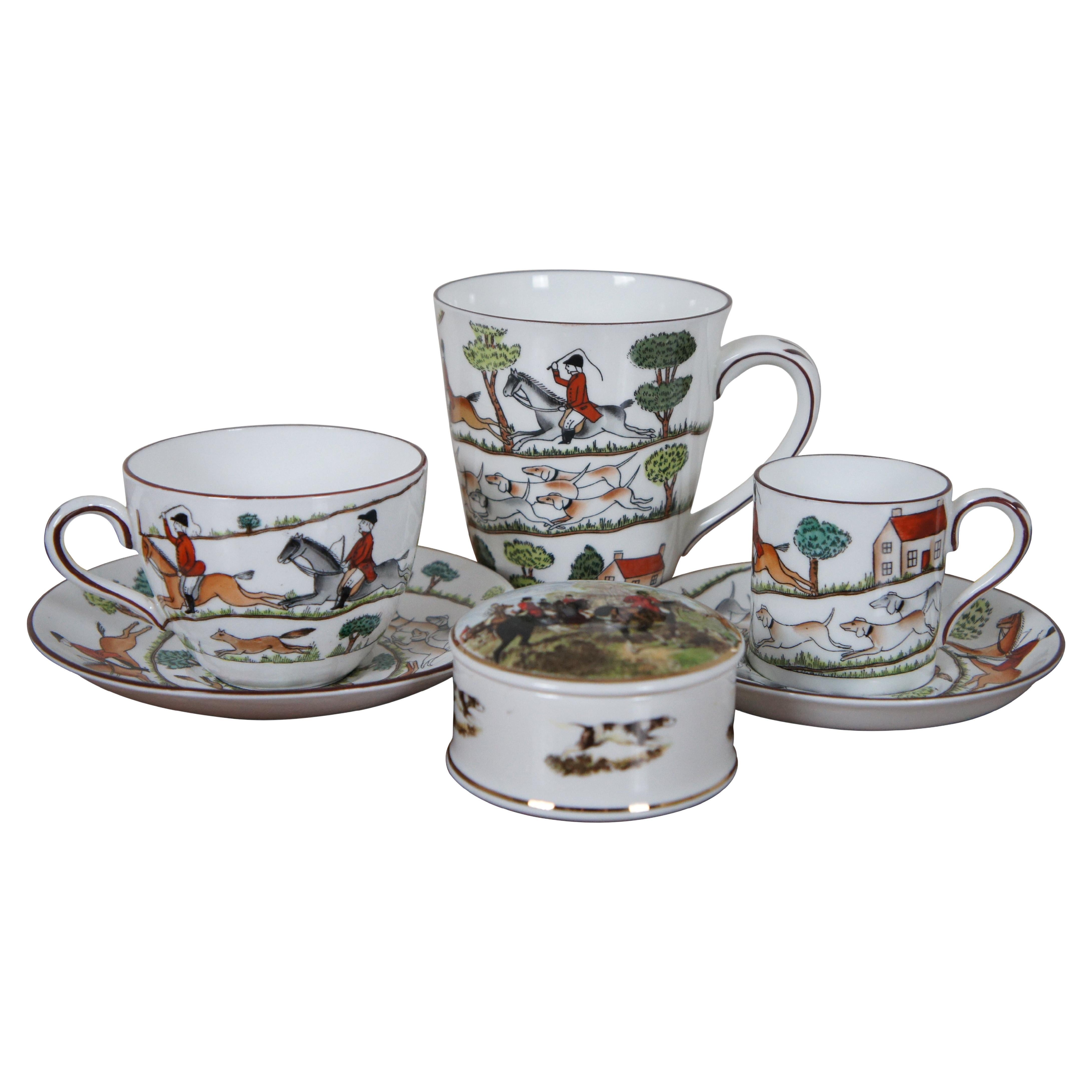 6pc Vtg English Crown Staffordshire Fox Hunting Tea Coffee Cups Mugs Saucers Box