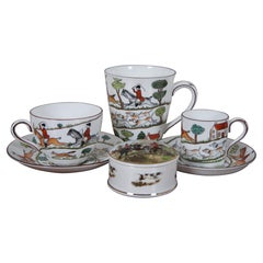 Used 6pc Vtg English Crown Staffordshire Fox Hunting Tea Coffee Cups Mugs Saucers Box