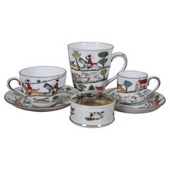 6pc Vtg English Crown Staffordshire Fox Hunting Tea Coffee Cups Mugs Saucers Box