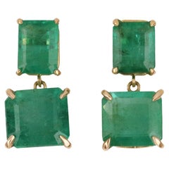 6tcw 18K Emerald-Emerald Cut Dangle Gold Earrings