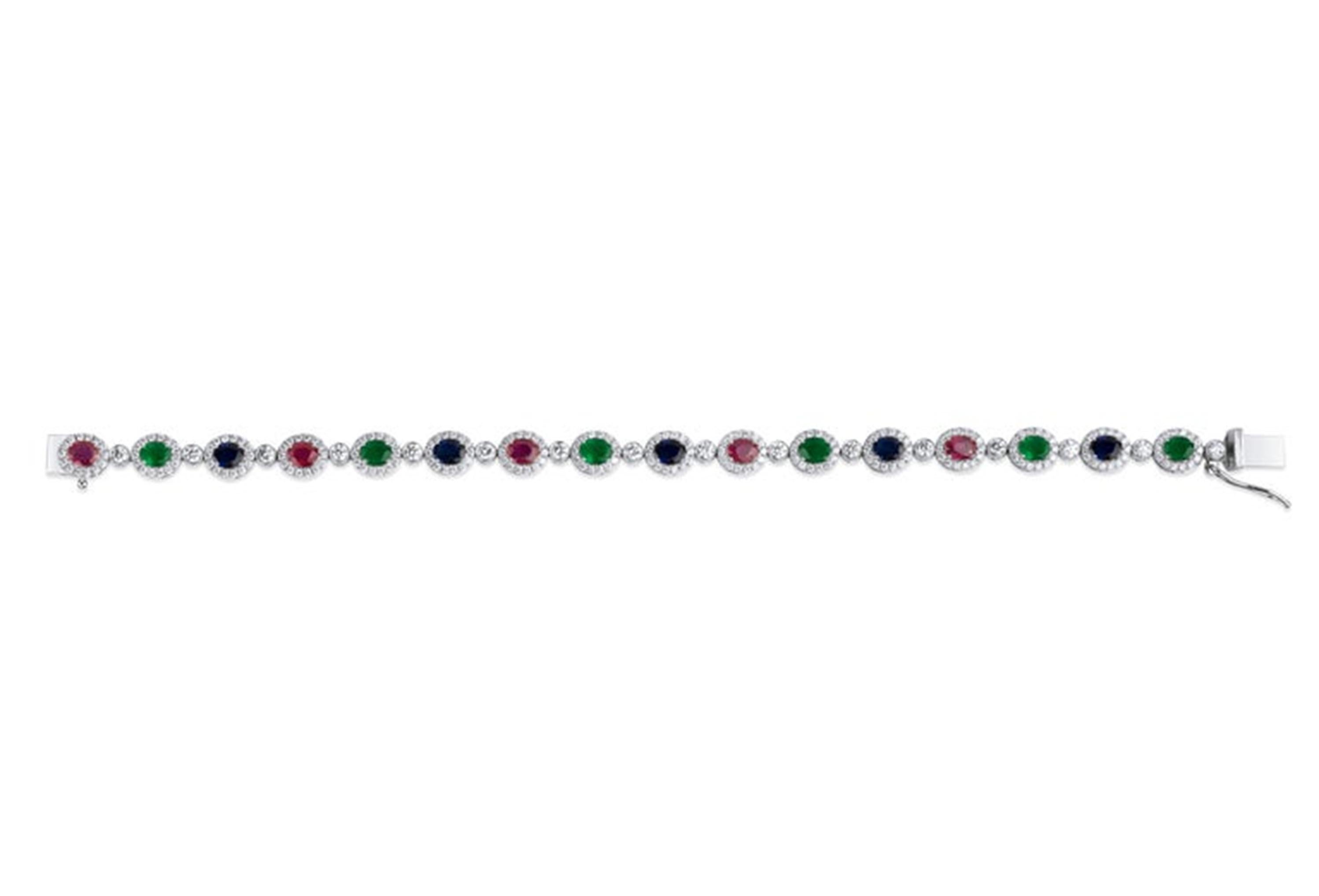 Bracciale con smeraldo naturale, zaffiro, rubino e diamante da 6 carati taglio ovale in oro bianco 18 carati In condizioni Nuovo in vendita a Jaipur, RJ