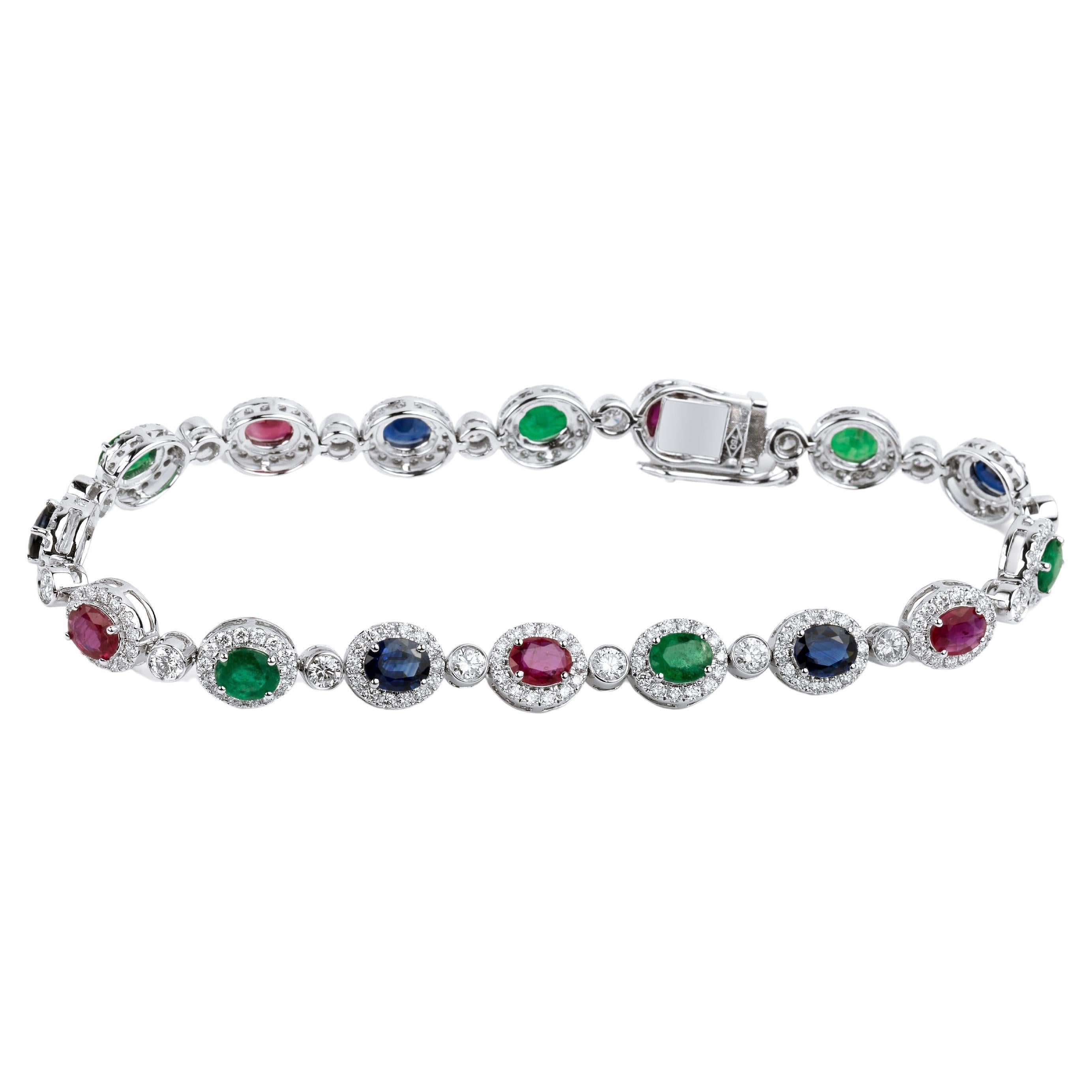 Bracciale con smeraldo naturale, zaffiro, rubino e diamante da 6 carati taglio ovale in oro bianco 18 carati in vendita 2