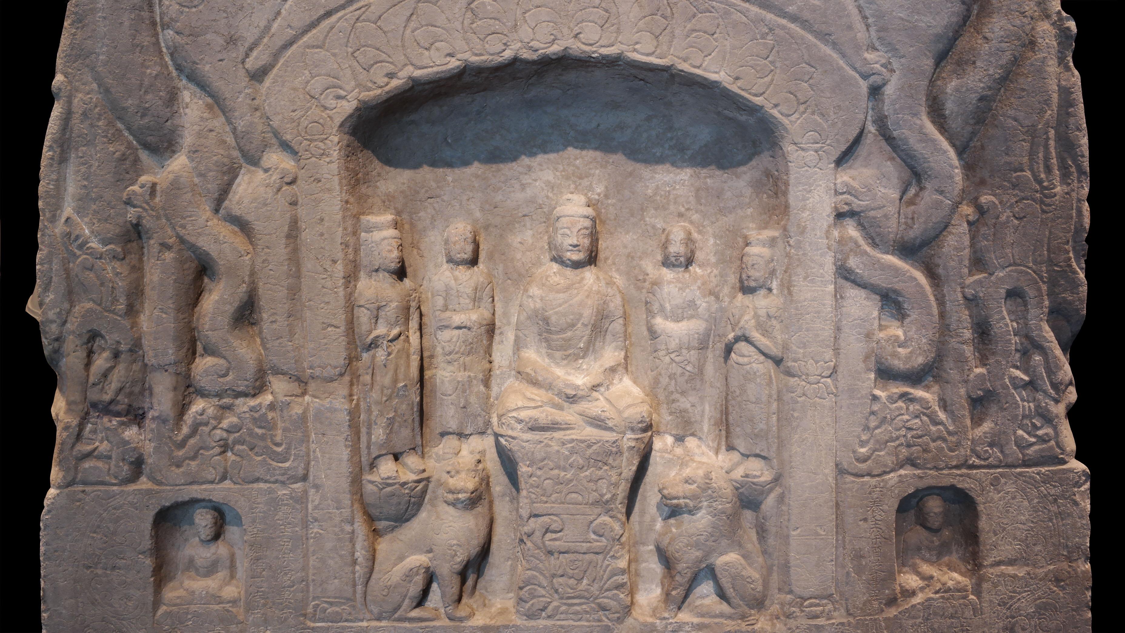 Hand-Carved 6th Century, Rare and Important Northern Qi Limestone Stele, Art of China For Sale