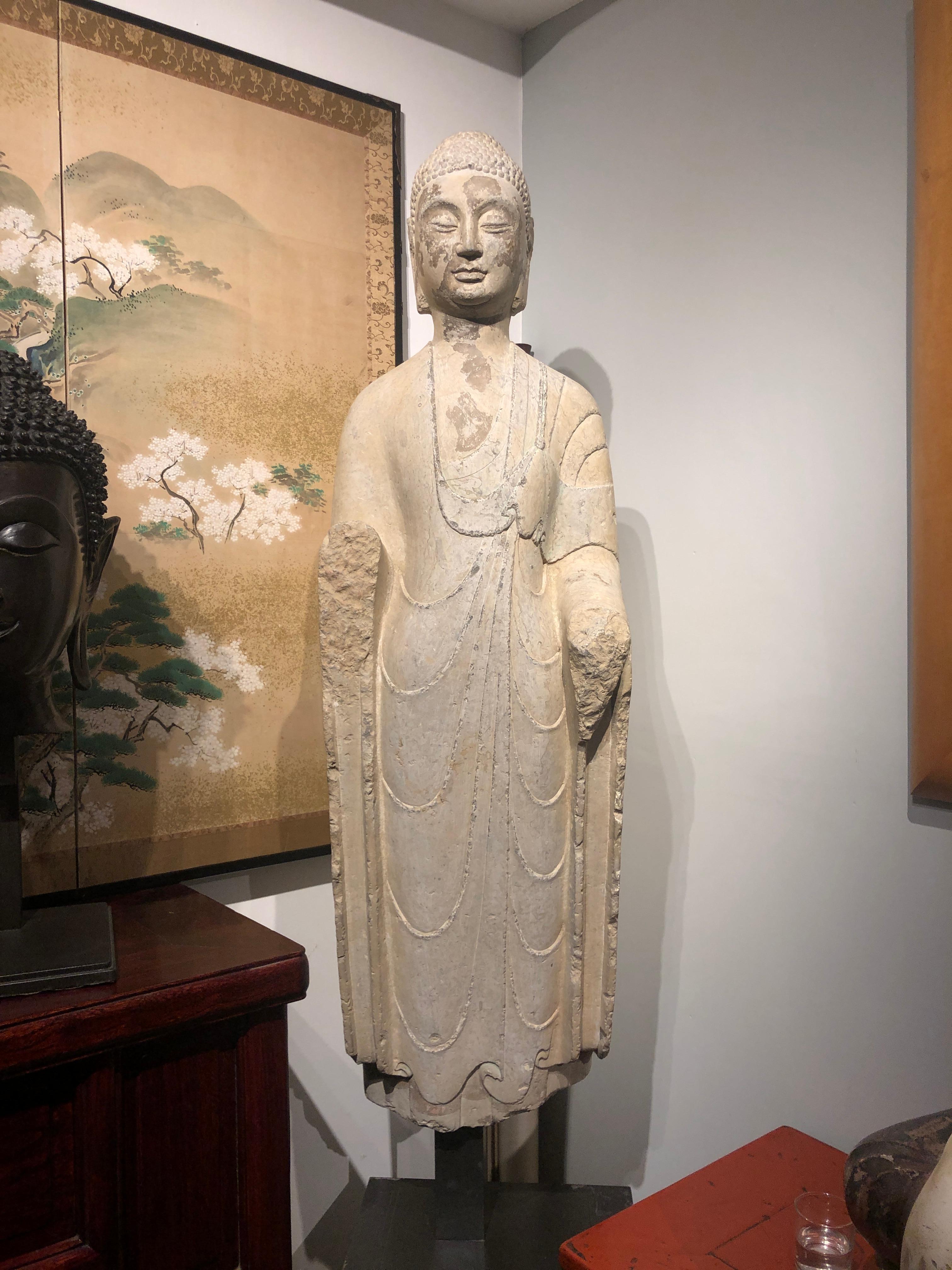 Limestone 6th Century, Rare and Important Northern Qi Standing Buddha, Art of China For Sale