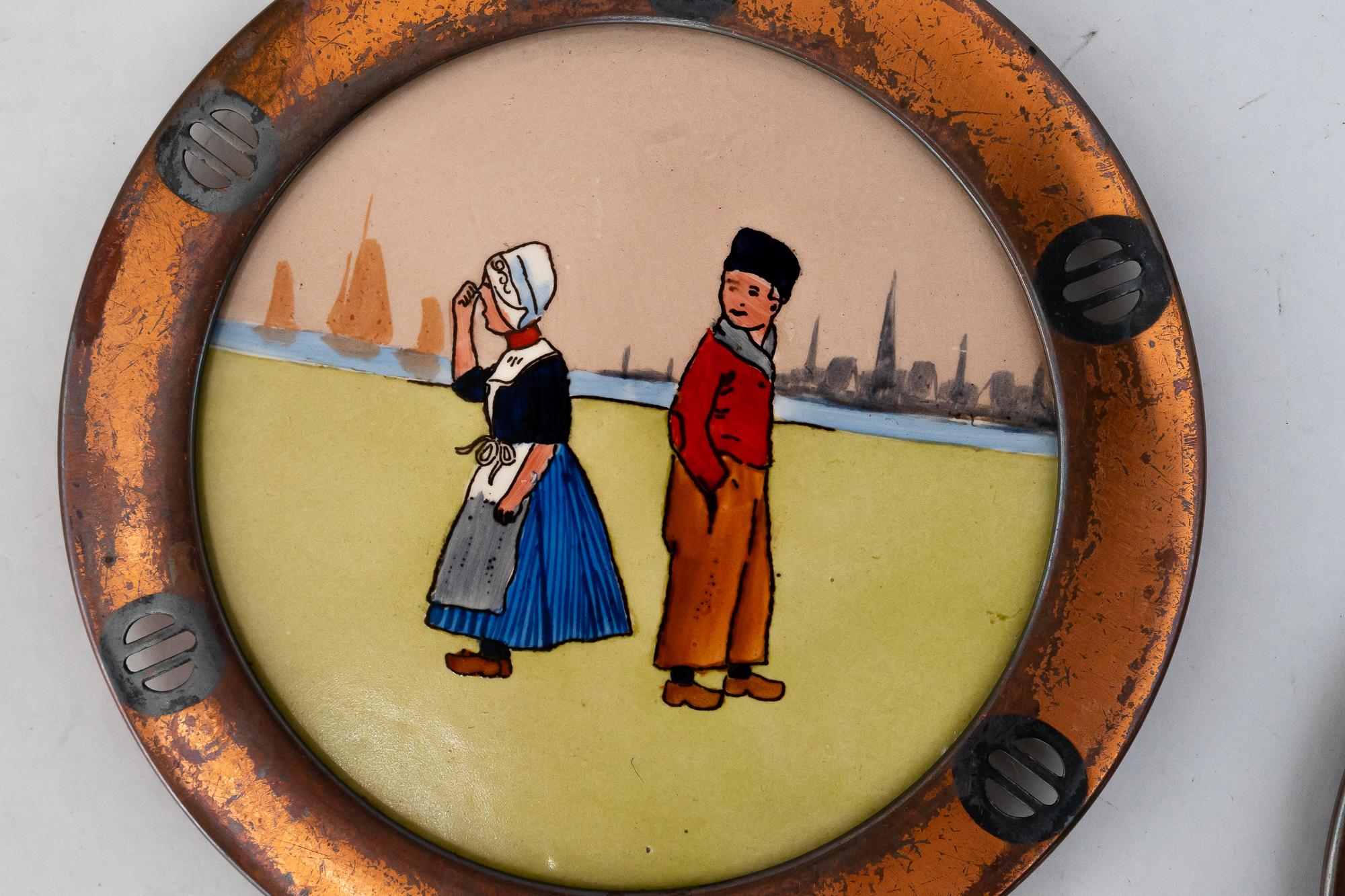 6x art deco kupfer kermaik untersetzer Wien um 1920s ( einer geknackt ) 1920s (Keramik) im Angebot