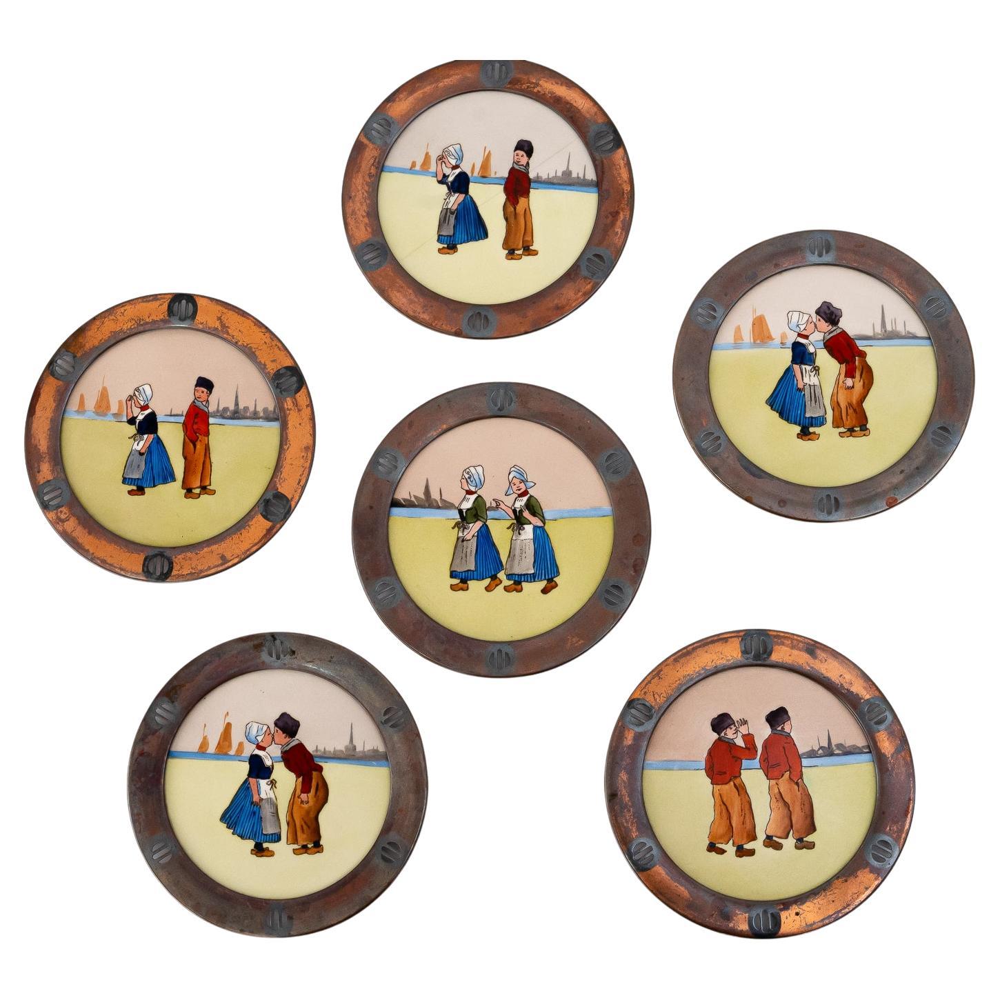 6x art deco kupfer kermaik untersetzer Wien um 1920s ( einer geknackt ) 1920s im Angebot