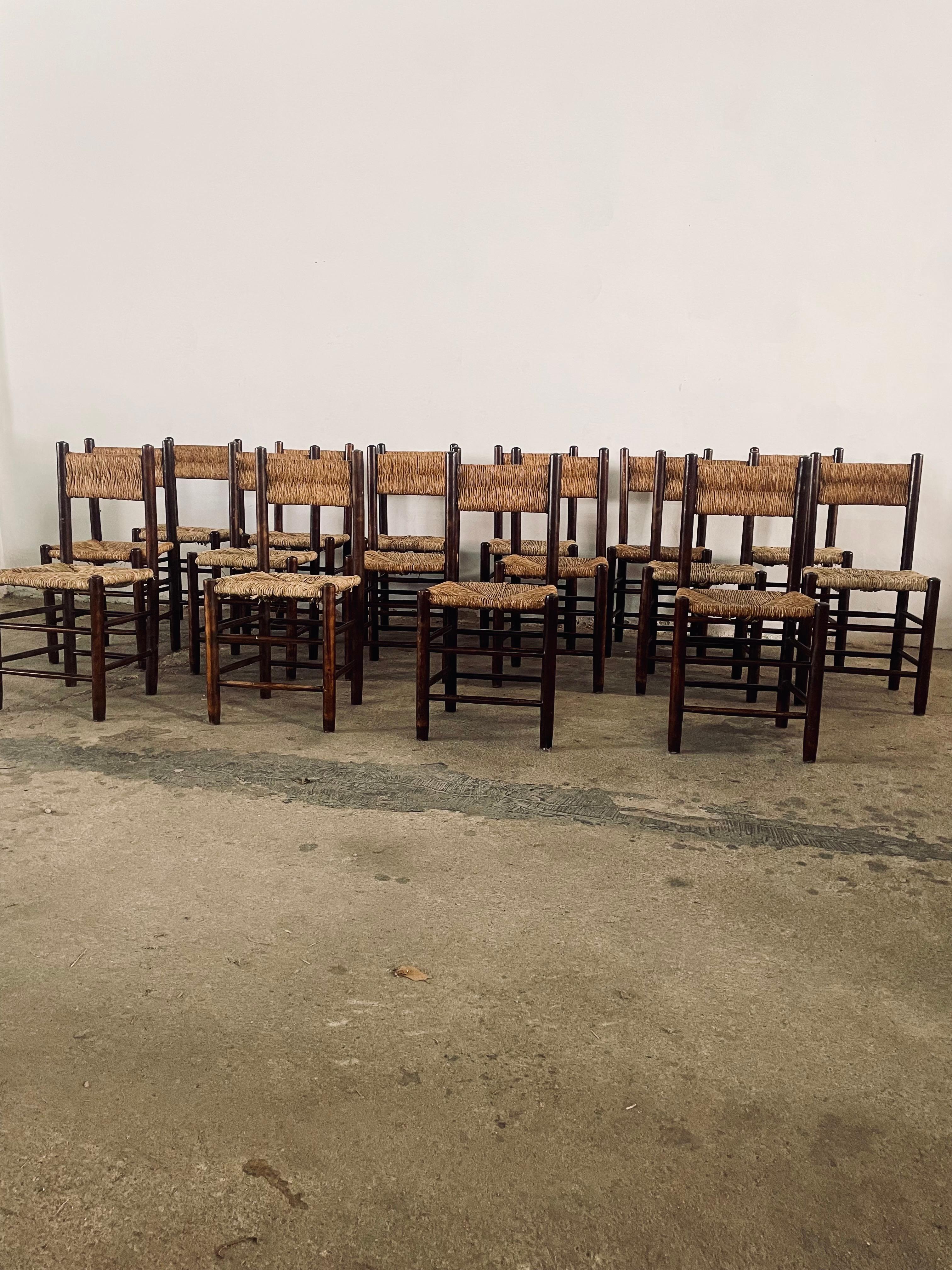 6x Charlotte PERRIAND French Country Rush Seat Dining Chairs c. 1960s For Sale 8