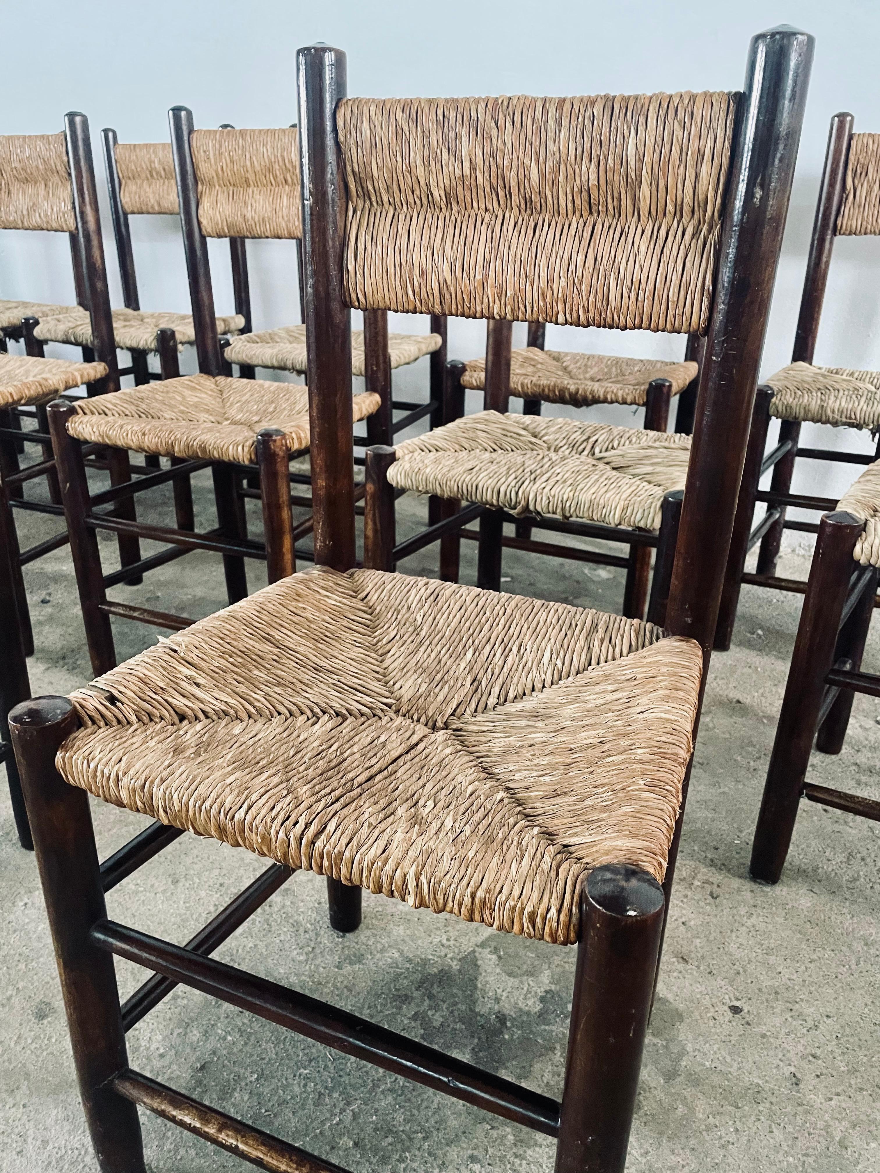 6x Charlotte PERRIAND French Country Rush Seat Dining Chairs c. 1960s For Sale 10