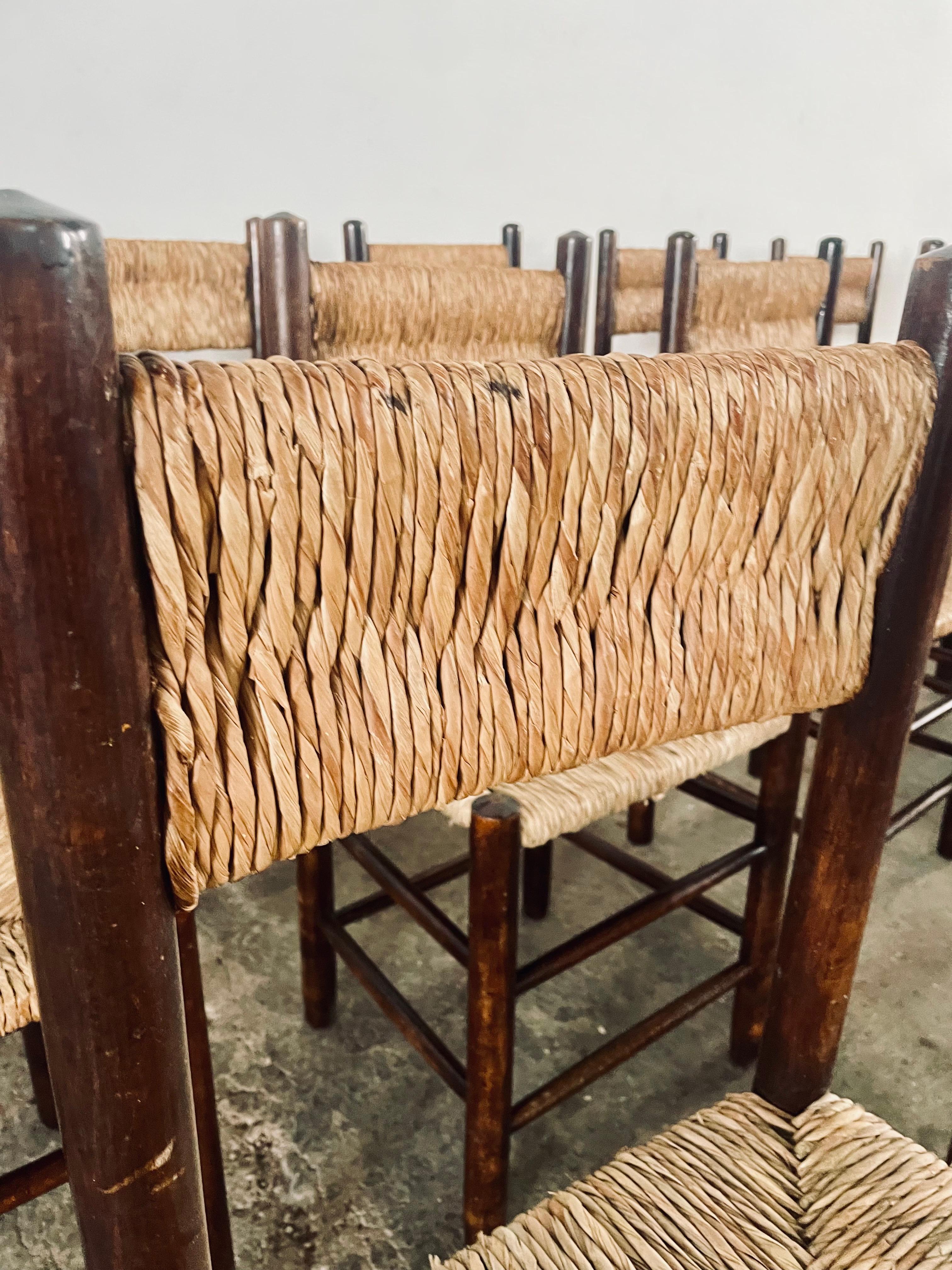 6x Charlotte PERRIAND French Country Rush Seat Dining Chairs c. 1960s For Sale 3