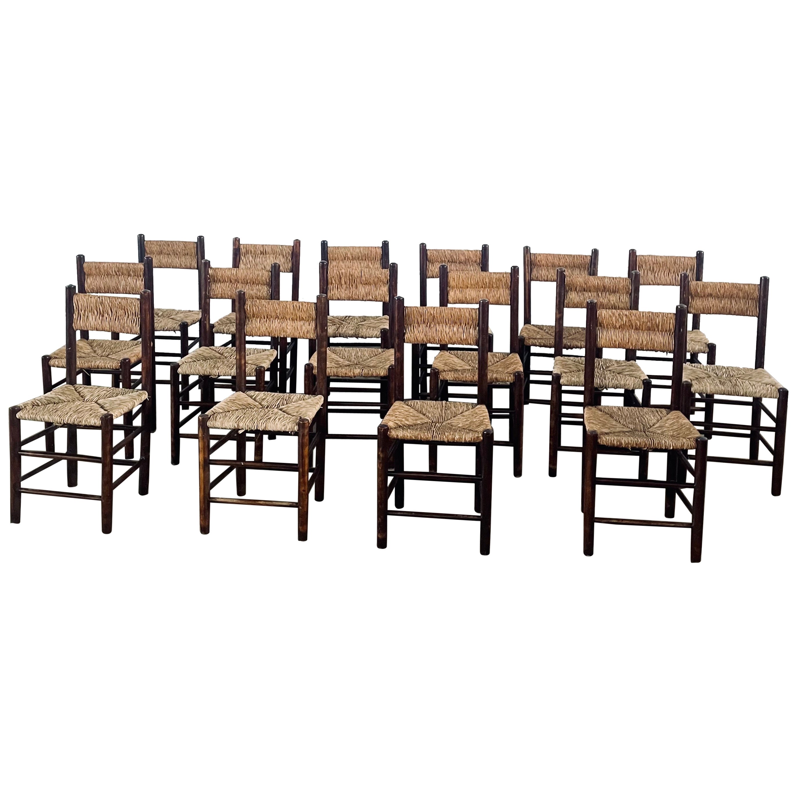 6x Charlotte PERRIAND French Country Rush Seat Dining Chairs c. 1960s For Sale