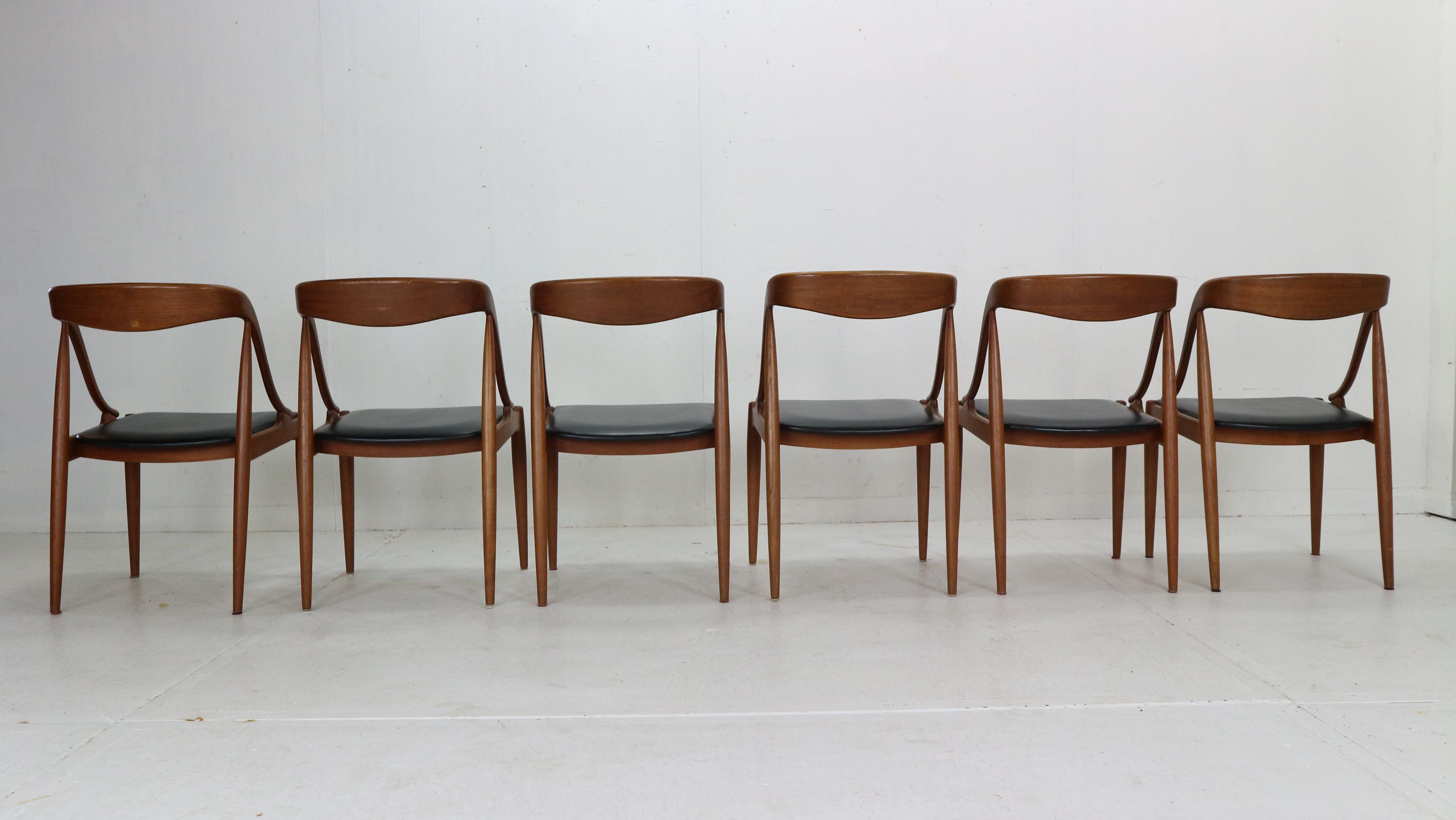 Faux Leather Johannes Andersen 6 Teak Dinning Chairs for Uldum Møbelfabrik, 1960s, Denmark