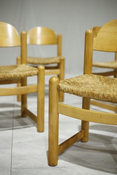 6x Mid-Century Blonde Wood and Rush Seated Dining Chairs