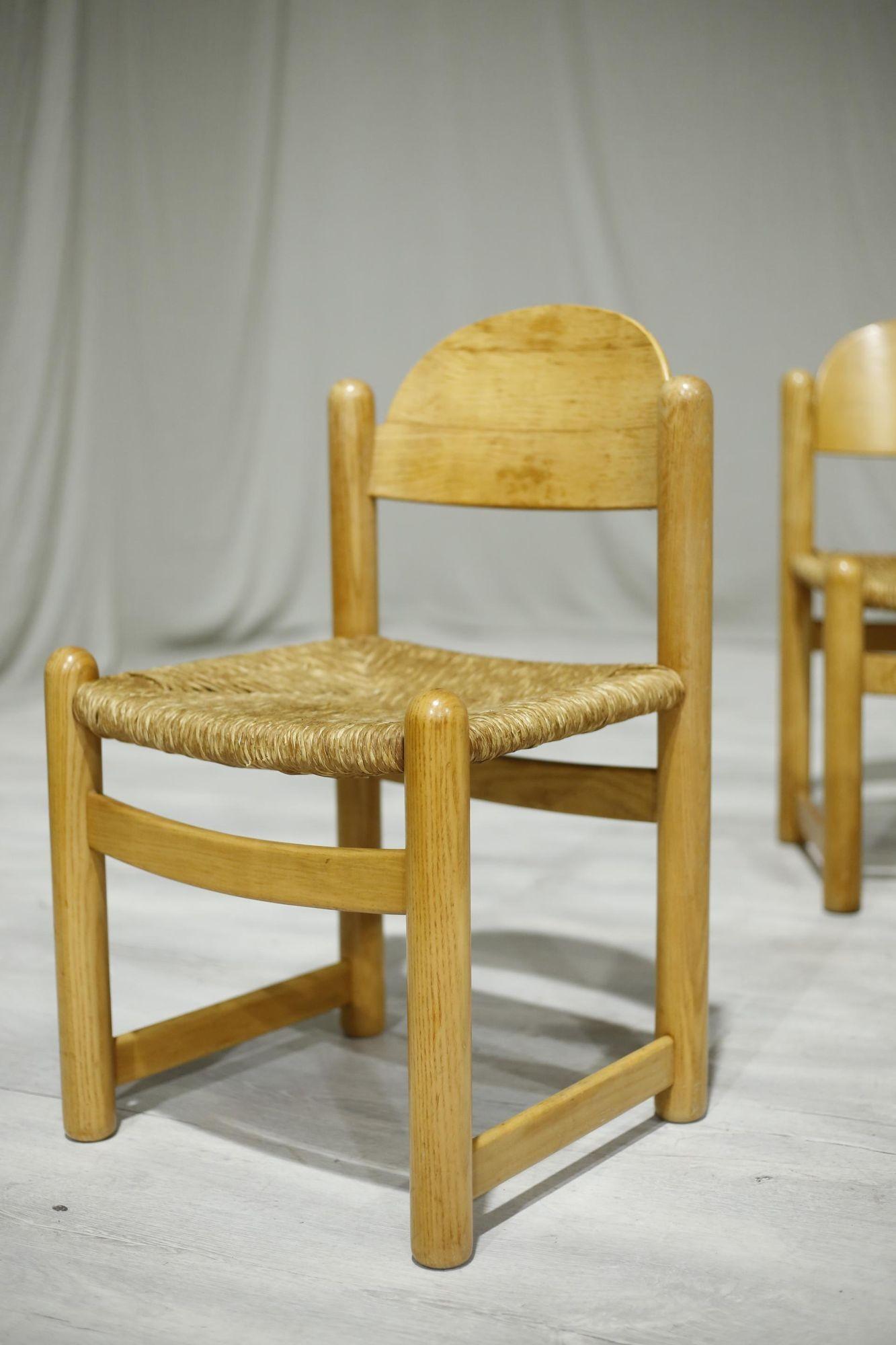 6x Mid-Century Blonde Wood and Rush Seated Dining Chairs In Excellent Condition In Malton, GB