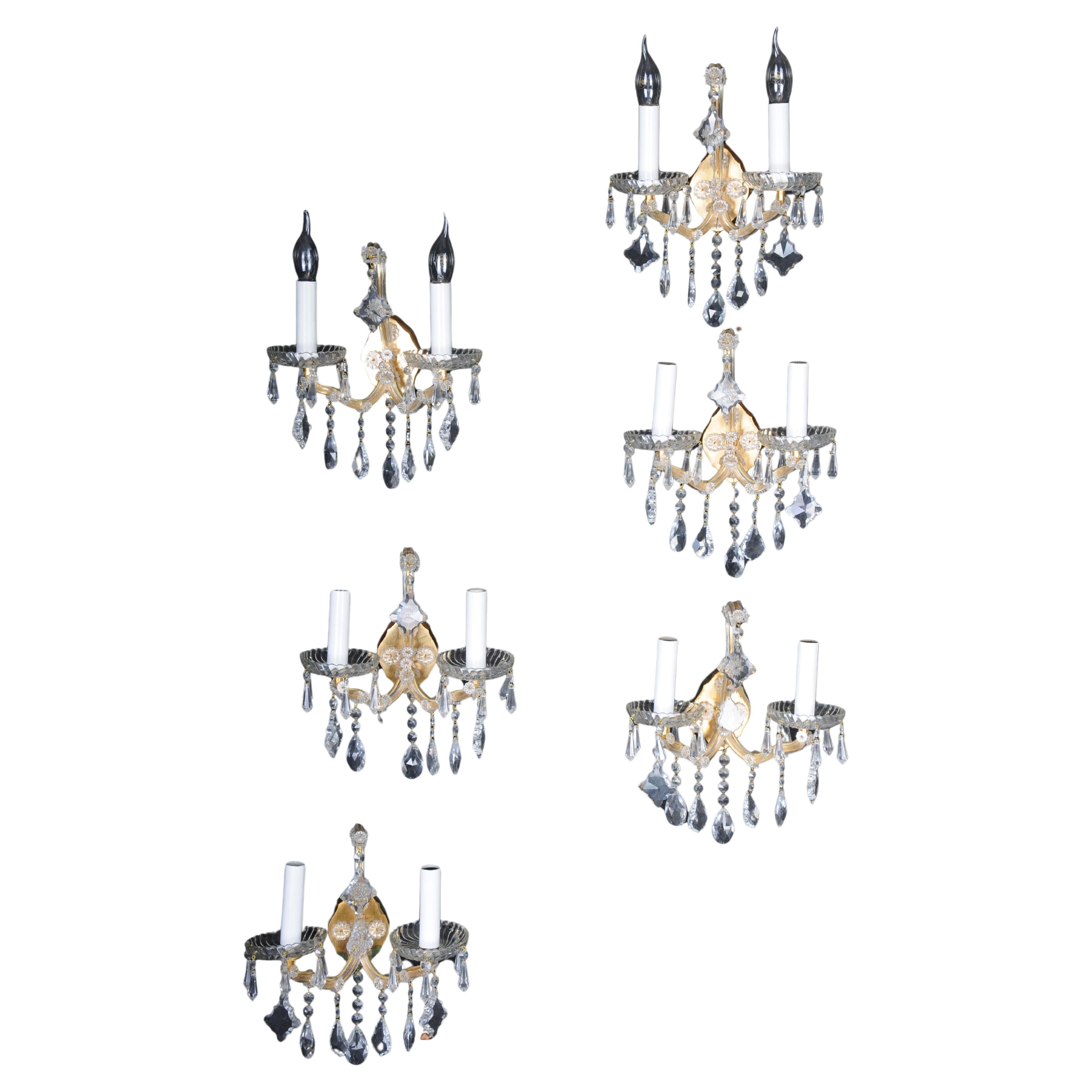 6x Palwa wall sconces 1960 style Maria Theresia crystal brass For Sale