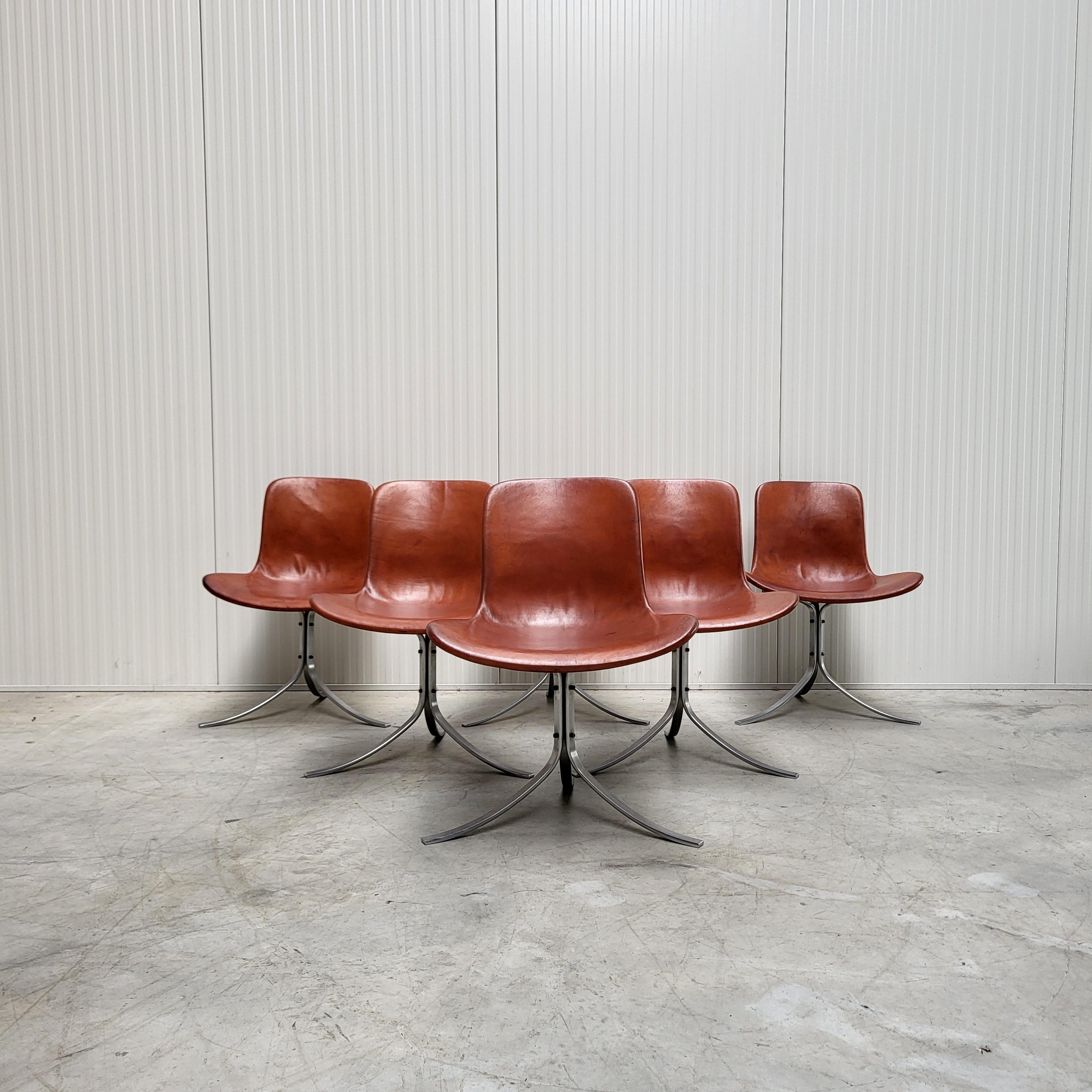 Schöne und sehr seltene 6x Pk9 Stühle von Poul Kjaerholm für E. Kold Christensen.
Das Set stammt von seinem 1. Besitzer, der die Stühle Anfang der 1960er Jahre kaufte.

Eine absolut atemberaubende Patina! Nie zuvor in diesem erstaunlichen Zustand