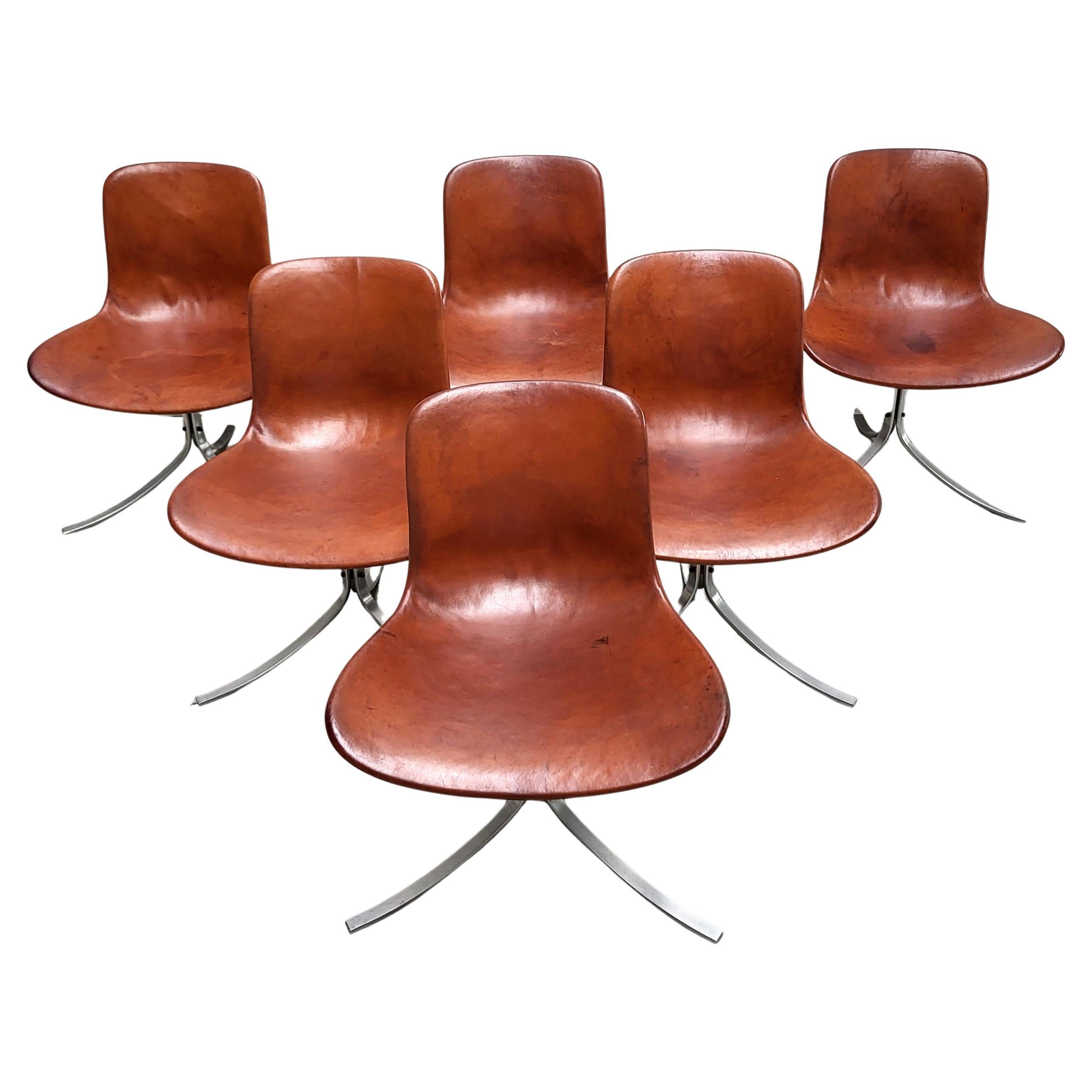6x Poul Kjaerholm PK9 Stuhl Cognac von E. Kold Christensen 1960s