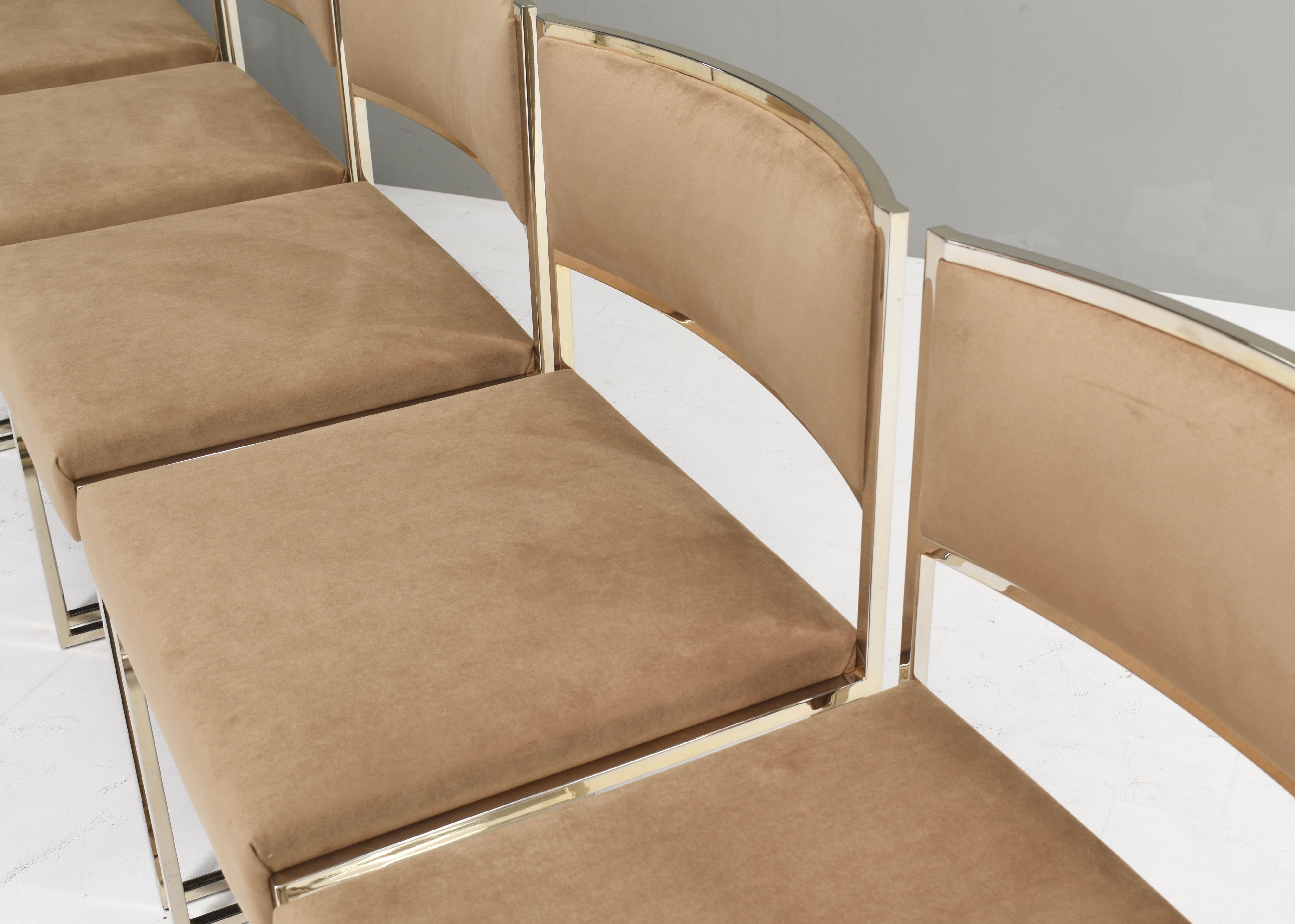 6x Willy Rizzo dining chairs Gold-plated New Velvet, Italy, 1970s 4