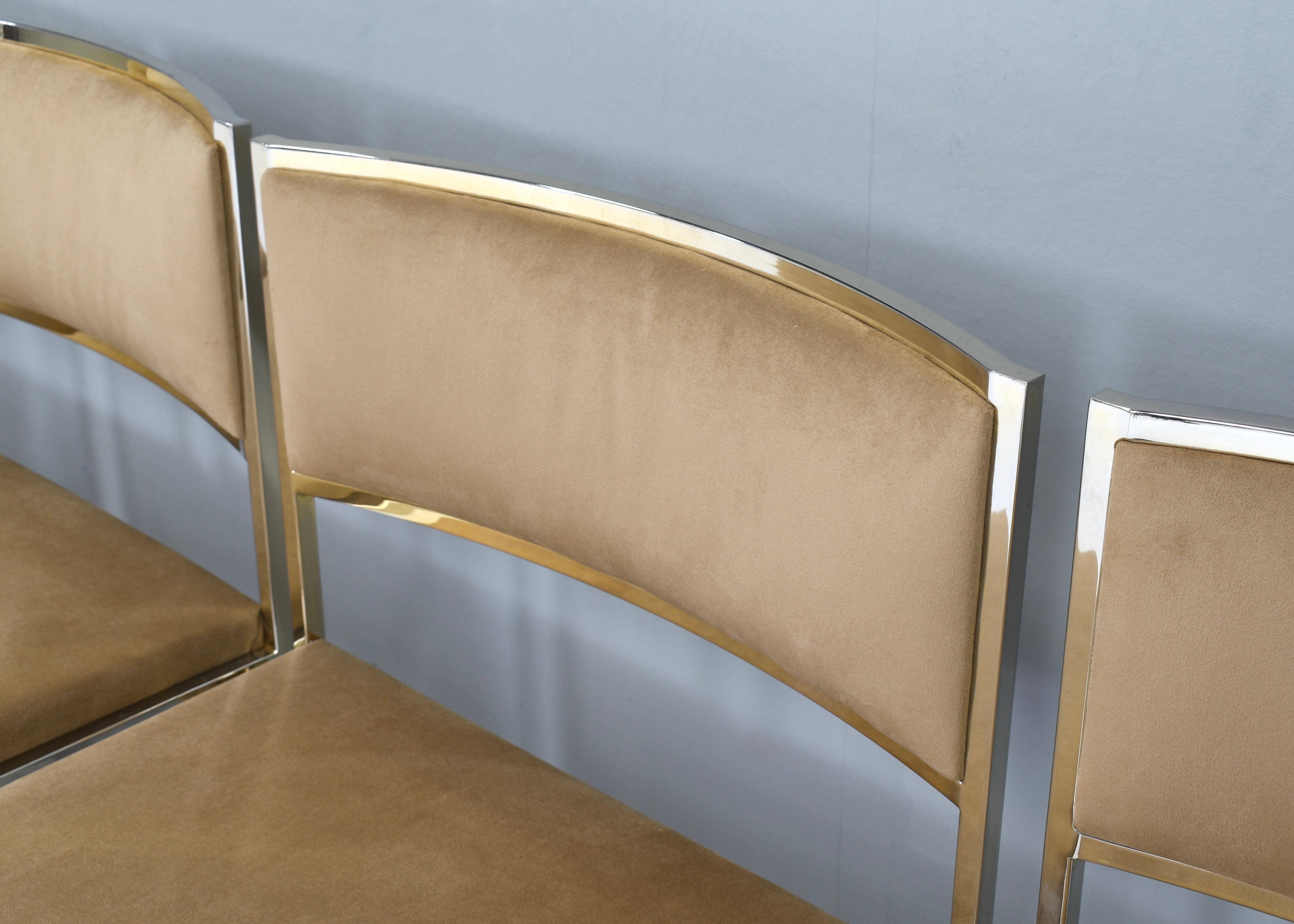 6x Willy Rizzo dining chairs Gold-plated New Velvet, Italy, 1970s 5