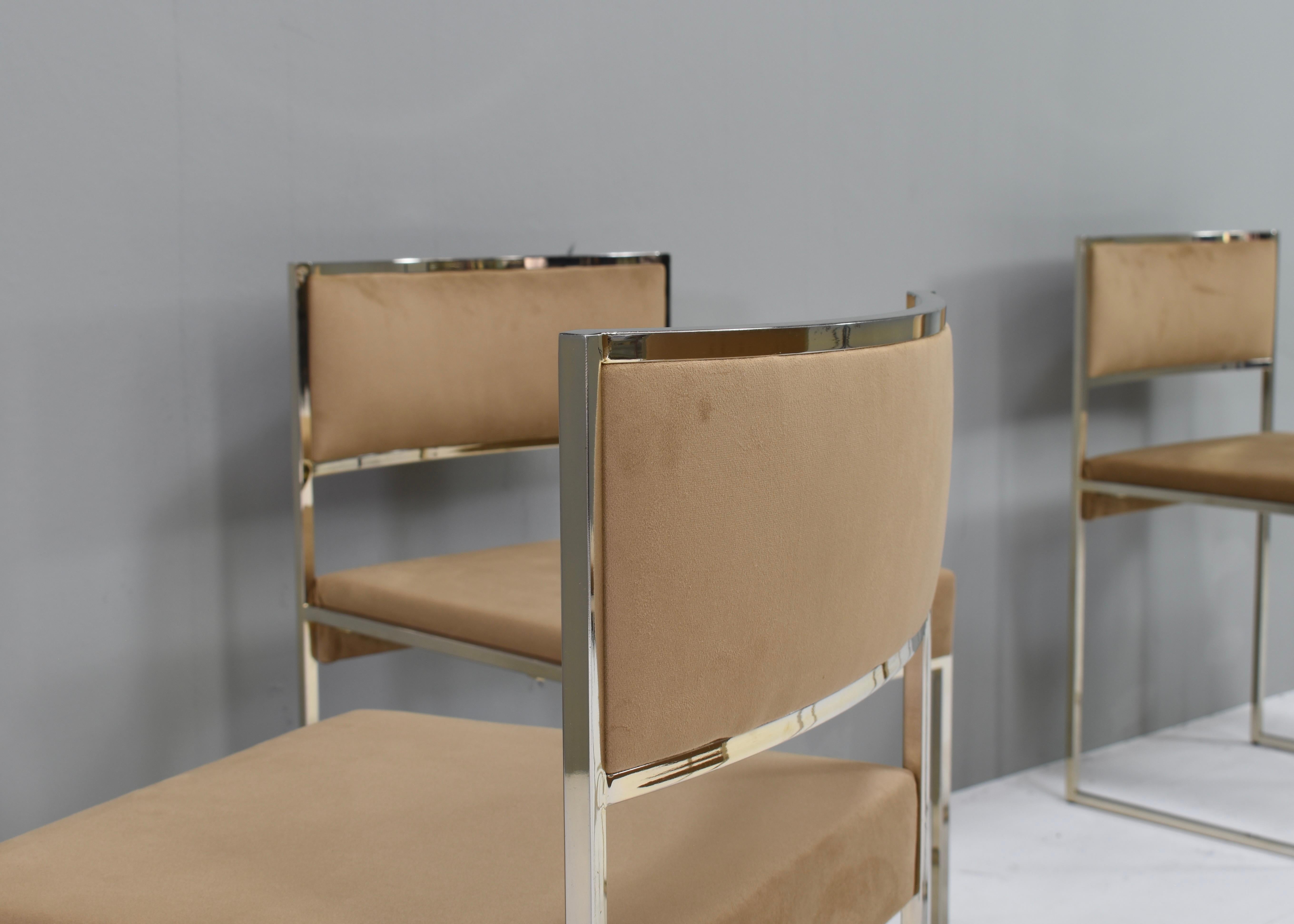 6x Willy Rizzo dining chairs Gold-plated New Velvet, Italy, 1970s 11